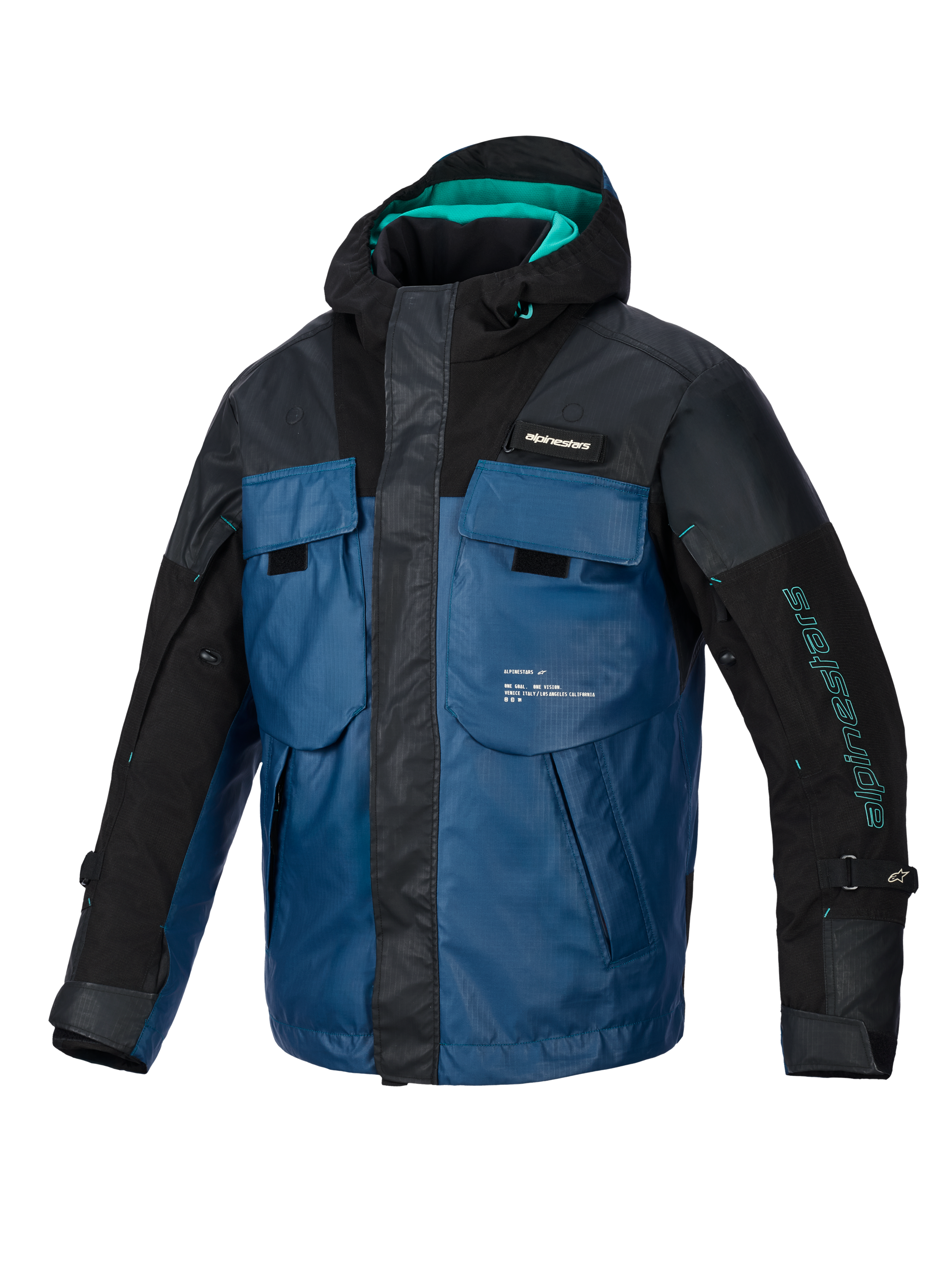 Alpinestars Mospher vandtæt jakke, all-season motorcykelparka, sort og mørk petrol med teal-accenter, taktisk vest-inspireret design med flere store lommer, slidstærkt ripstop-stof og integreret hætte til bypendling