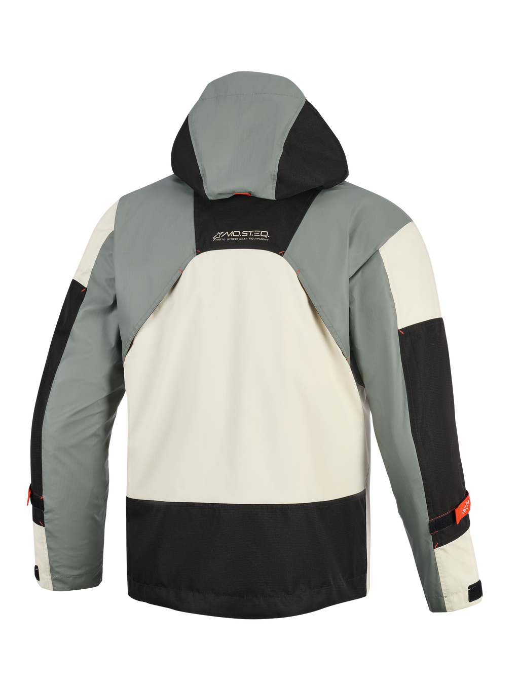 Alpinestars Mospher vandtæt jakke i Fur Gray Black Ice, set bagfra, med et militærinspireret multi-panel design i grå, sorte og ishvide farver, integreret hætte og MO.ST.EQ-branding på ryggen.