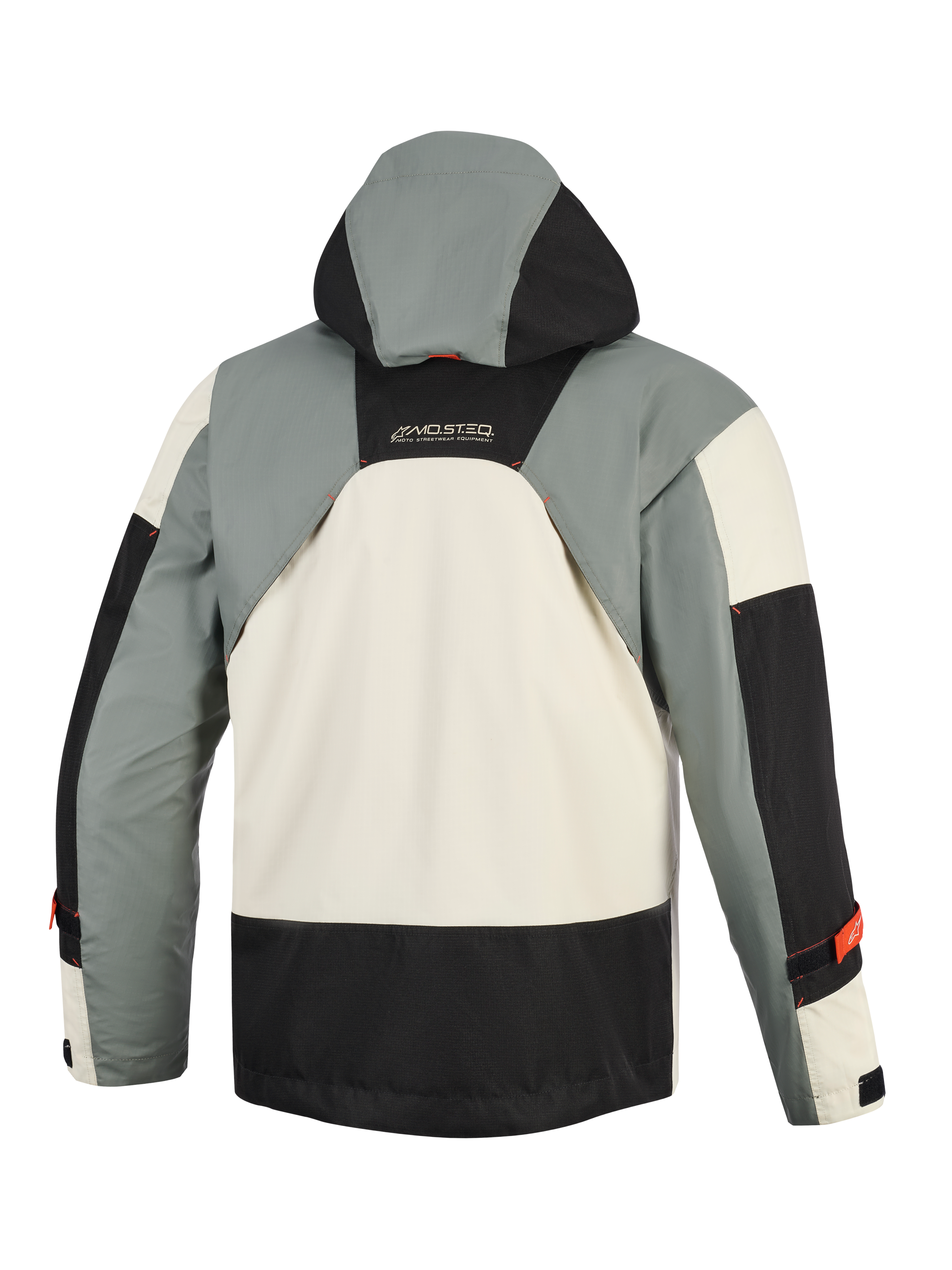 Alpinestars Mospher vandtæt jakke i Fur Gray Black Ice, set bagfra, med et militærinspireret multi-panel design i grå, sorte og ishvide farver, integreret hætte og MO.ST.EQ-branding på ryggen.