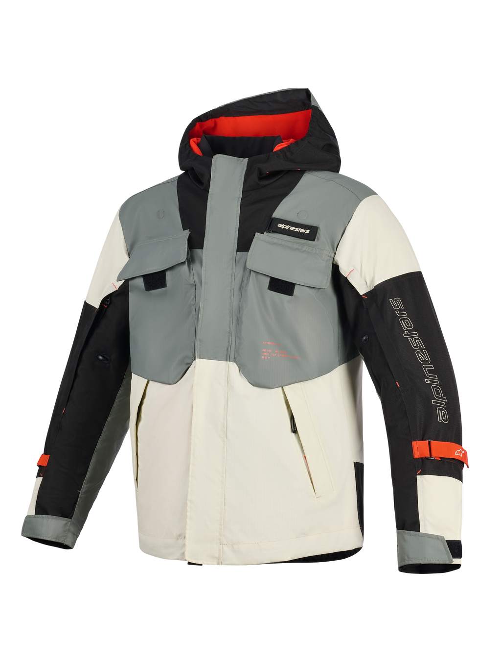 Alpinestars Mospher vandtæt jakke, motorcykelparka, Fur Gray Black Ice, med taktisk design med flere lommer, hætte med rødt interiør og Alpinestars-branding på ærmet