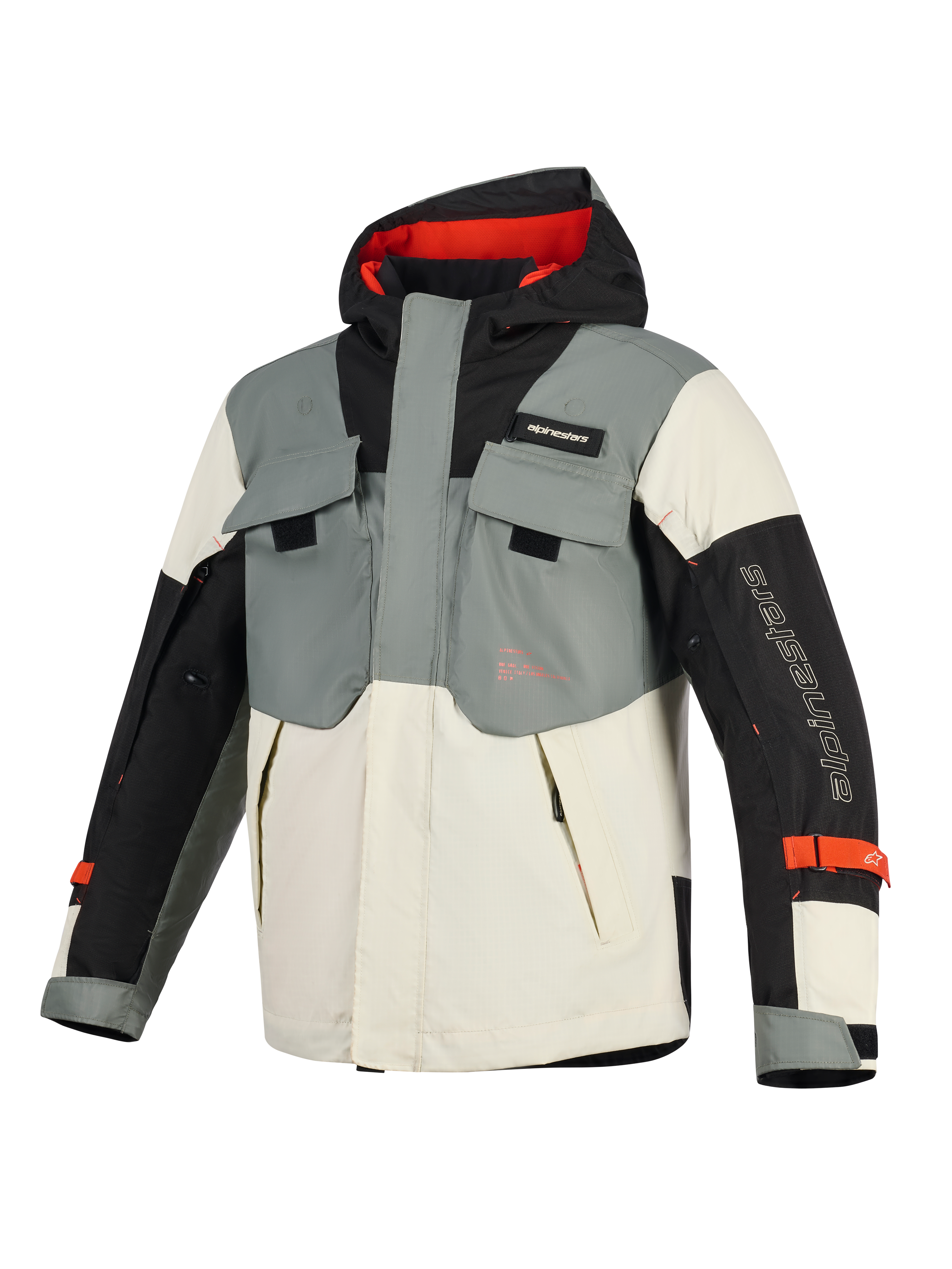Alpinestars Mospher vandtæt jakke, motorcykelparka, Fur Gray Black Ice, med taktisk design med flere lommer, hætte med rødt interiør og Alpinestars-branding på ærmet