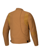 Alpinestars Clayton WR Jacket, Motorcycle Jacket, Utility Brown Light Gold, back view showing quilted padding on shoulders and elbows, ergonomic curved lines, and adjustable waist straps, urban motorcycle gear