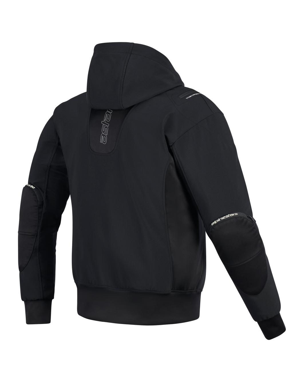 Alpinestars Moblast Vandtæt Jakke, set bagfra, sort, urban motorcykel-hættetrøje med lodret branding på ryggen, teknisk softshell- og ripstop-konstruktion med fast hætte og udvendige lynlåse til albuebeskyttere