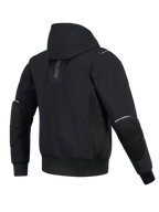 Alpinestars Moblast Vandtæt Jakke, set bagfra, sort, urban motorcykel-hættetrøje med lodret branding på ryggen, teknisk softshell- og ripstop-konstruktion med fast hætte og udvendige lynlåse til albuebeskyttere