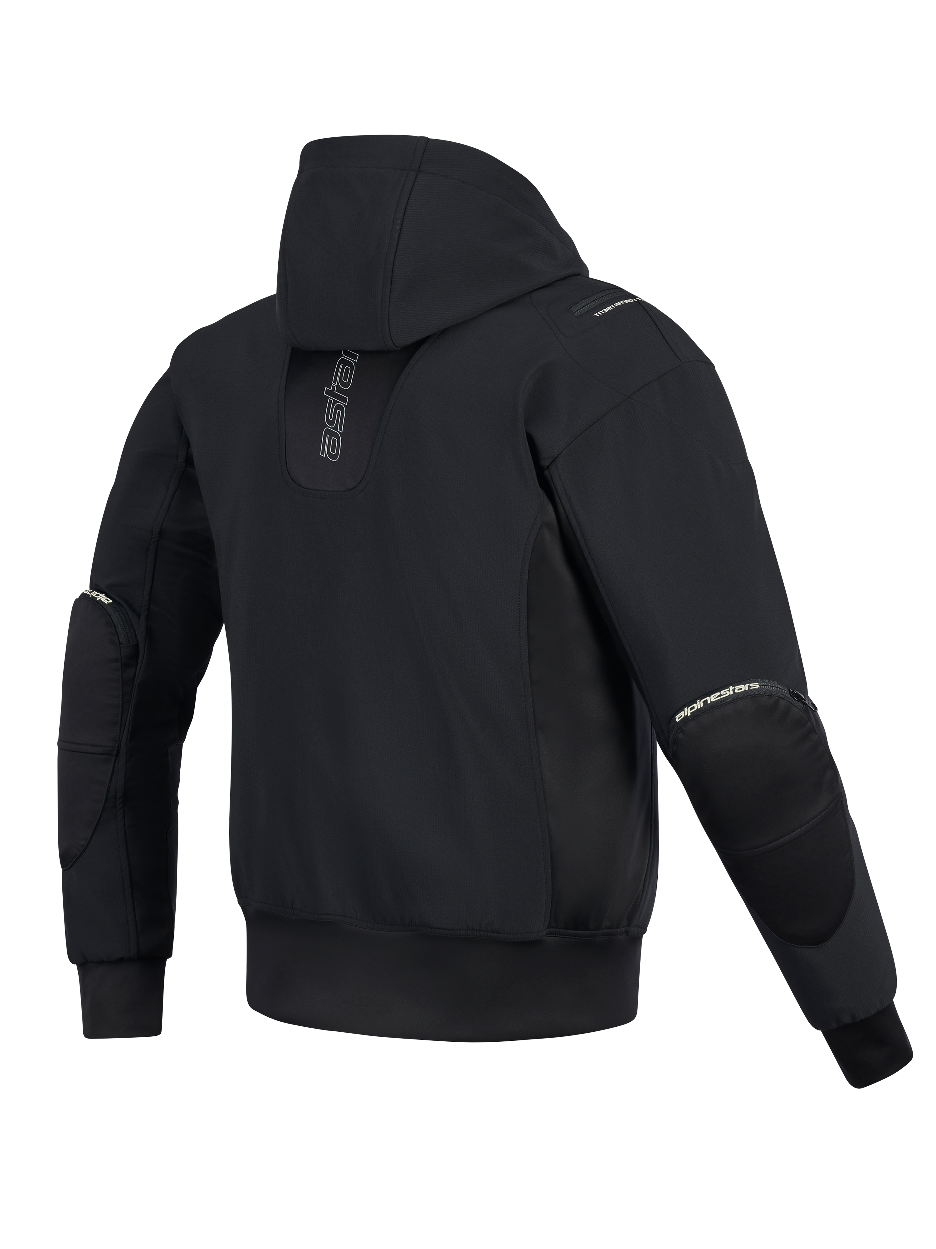 Alpinestars Moblast Vandtæt Jakke, set bagfra, sort, urban motorcykel-hættetrøje med lodret branding på ryggen, teknisk softshell- og ripstop-konstruktion med fast hætte og udvendige lynlåse til albuebeskyttere