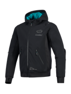 Alpinestars Moblast vandtæt jakke, sort med petroleumsblåt hættefor, teknisk softshell motorcykeljakke med 3D-lynlåslommer, integrerede tommelfingerhuller og Alpinestars-branding på brystet, urbant køreudstyr