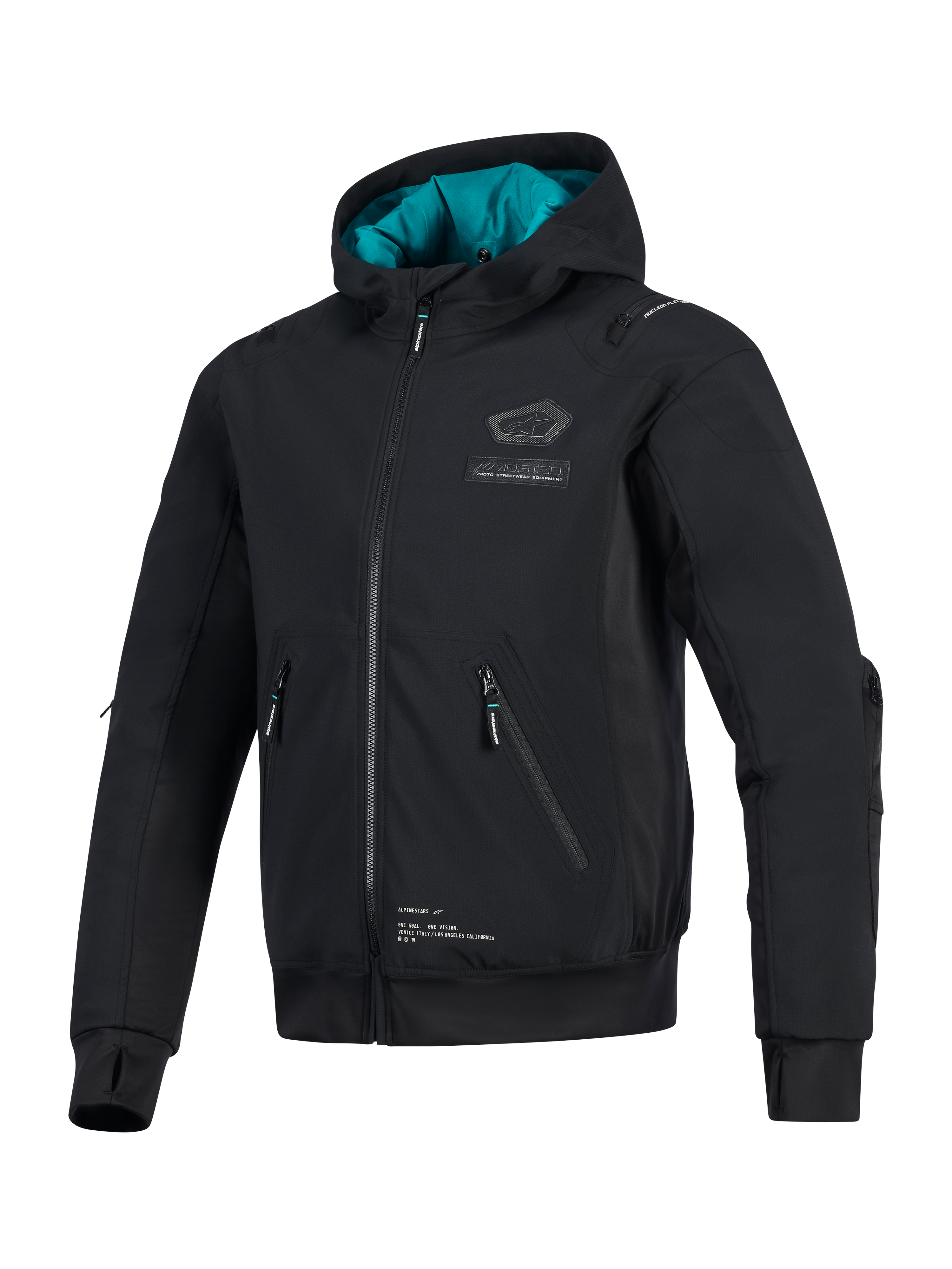 Alpinestars Moblast vandtæt jakke, sort med petroleumsblåt hættefor, teknisk softshell motorcykeljakke med 3D-lynlåslommer, integrerede tommelfingerhuller og Alpinestars-branding på brystet, urbant køreudstyr