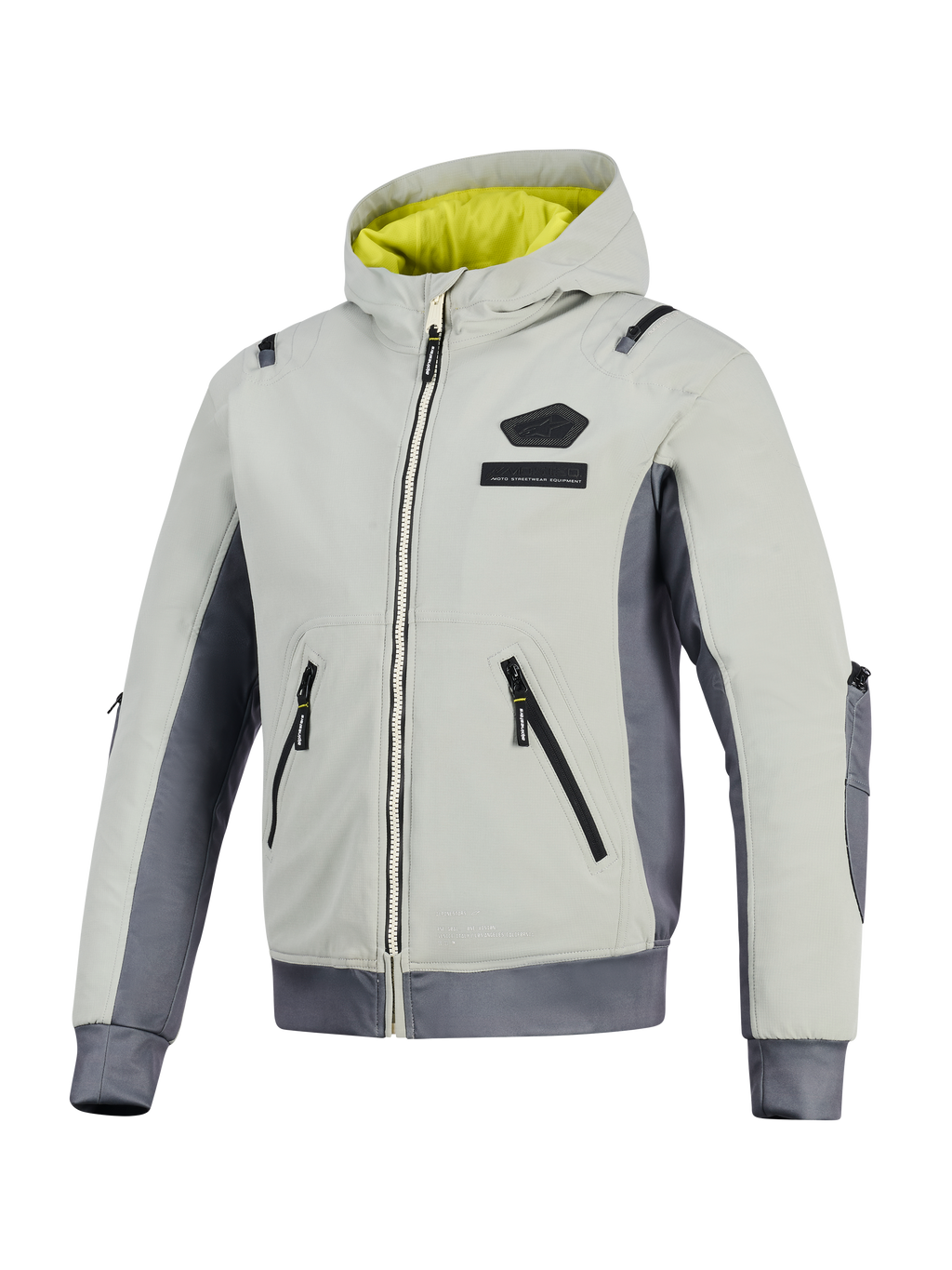 Alpinestars Moblast vandtæt jakke, Iron Gray og Dark Sage, motorcykeljakke med hætte og klart gult for, lysegrå tekstilhoveddel med mørkegrå sidepaneler, udstyret med vandtætte lynlåse og logo på brystet