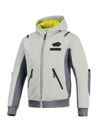 Alpinestars Moblast vandtæt jakke, Iron Gray og Dark Sage, motorcykeljakke med hætte og klart gult for, lysegrå tekstilhoveddel med mørkegrå sidepaneler, udstyret med vandtætte lynlåse og logo på brystet