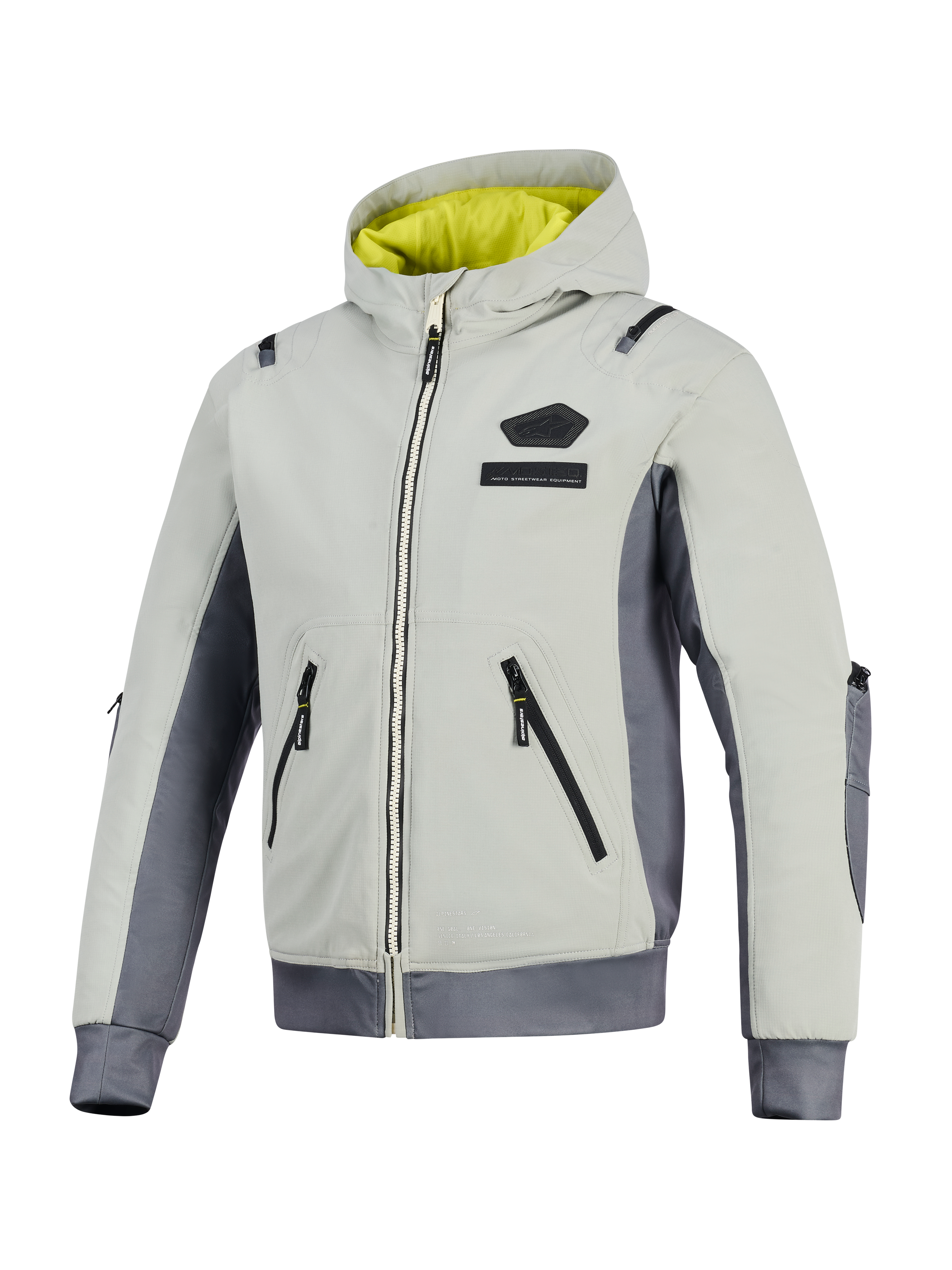 Alpinestars Moblast vandtæt jakke, Iron Gray og Dark Sage, motorcykeljakke med hætte og klart gult for, lysegrå tekstilhoveddel med mørkegrå sidepaneler, udstyret med vandtætte lynlåse og logo på brystet