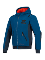 Alpinestars Moblast Waterproof Jacket, Dark Petrol and Dark Navy blue, urban motorcycle hoodie featuring a bright orange hood lining, technical 3D pockets, and softshell ripstop construction for all-season commuting