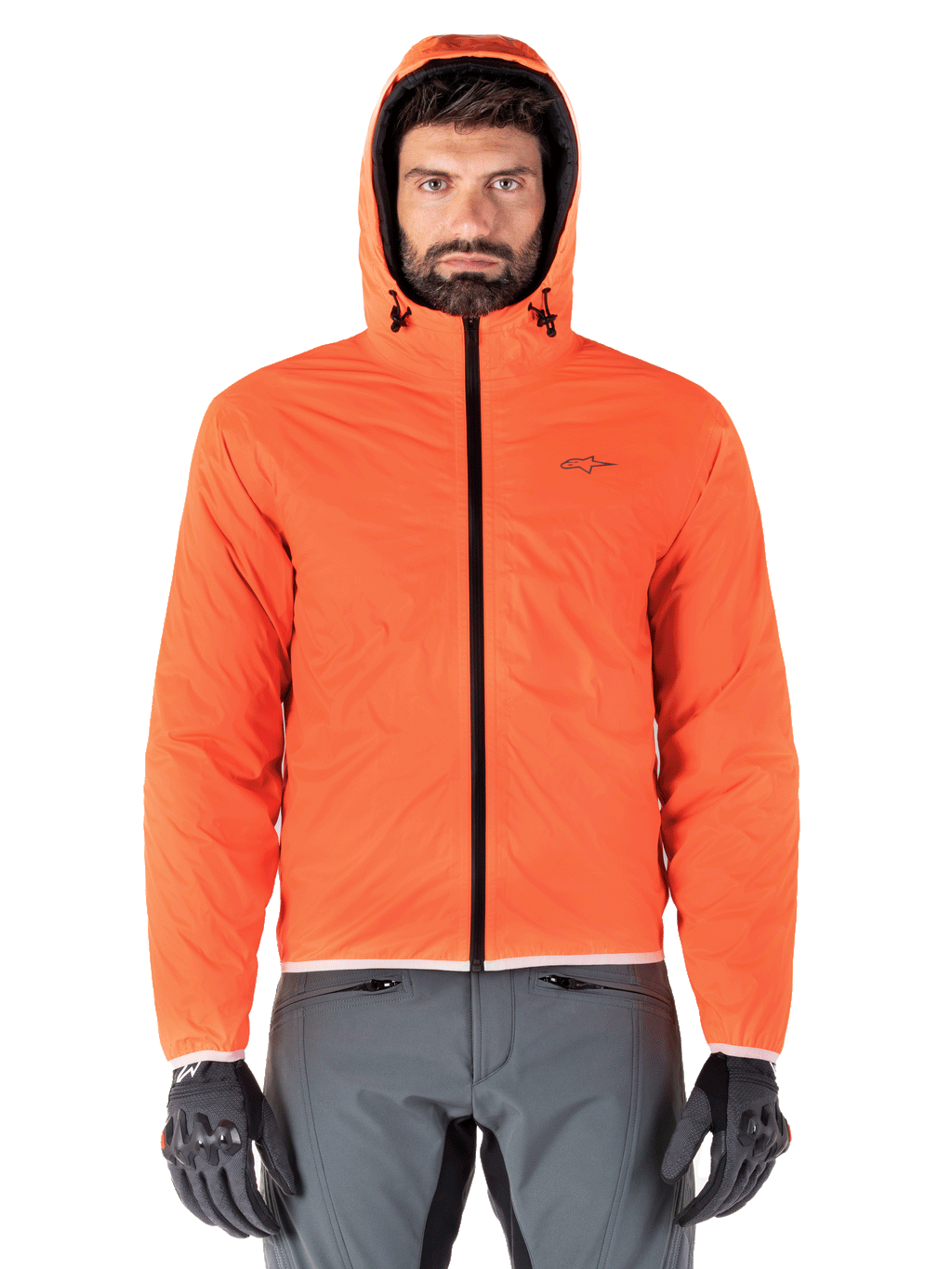 Alpinestars Mohobbs vandtæt jakke, polstret motorcykel-bomberjakke, sort og neonorange, quiltet design med stormtæt hætte, urban streetwear-inspireret køreudstyr