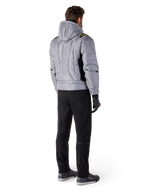 Alpinestars Mohobbs Waterproof Jacket, Lunar Gray Lime Punch, rear view of quilted bomber-style motorcycle jacket with hood, featuring Alpinestars wordmark on back, worn with black riding pants and gloves, urban moto streetwear