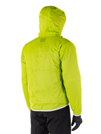 Alpinestars Mohobbs Waterproof Jacket, packable rain liner in Lime Punch, rear view of the hooded neon green waterproof layer, worn with black motorcycle pants and gloves