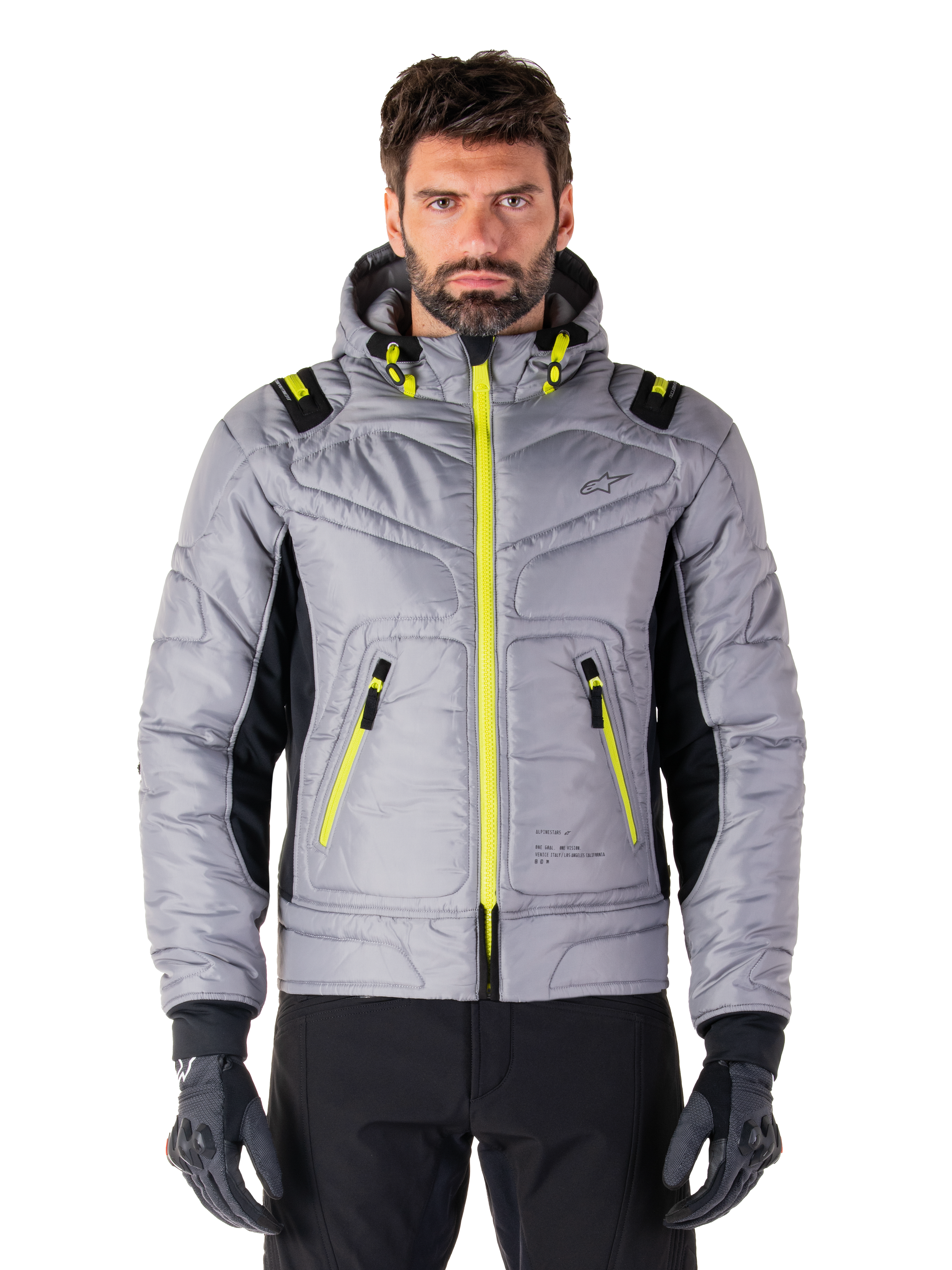 Alpinestars Mohobbs Waterproof Jacket, urban motorcykeljakke, Lunar Gray med Lime Punch-detaljer, quiltet bomber-design med hætte, klare gule lynlåse og sorte sidepaneler, streetwear-inspireret beskyttende køreudstyr