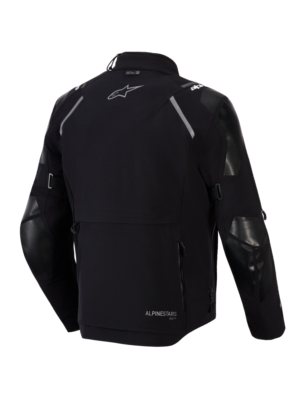 Alpinestars Andes Pro Drystar® XF jakke, set bagfra, sort og mørkegrå, adventure touring tekstiljakke med en stor baglomme, refleksdetaljer på skuldrene, Alpinestars-logo og Tech-Air®-kompatibilitetsbranding.