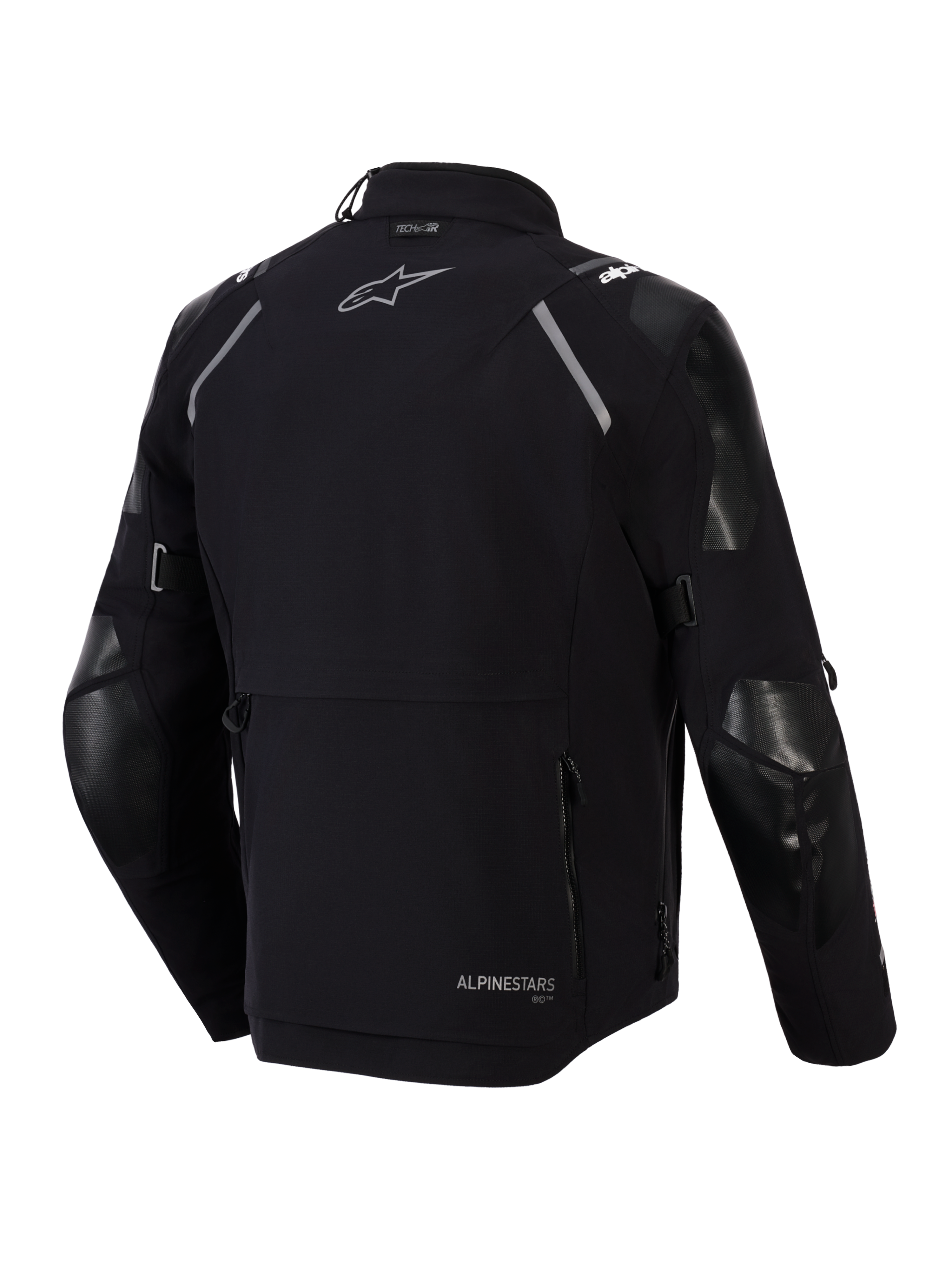 Alpinestars Andes Pro Drystar® XF jakke, set bagfra, sort og mørkegrå, adventure touring tekstiljakke med en stor baglomme, refleksdetaljer på skuldrene, Alpinestars-logo og Tech-Air®-kompatibilitetsbranding.