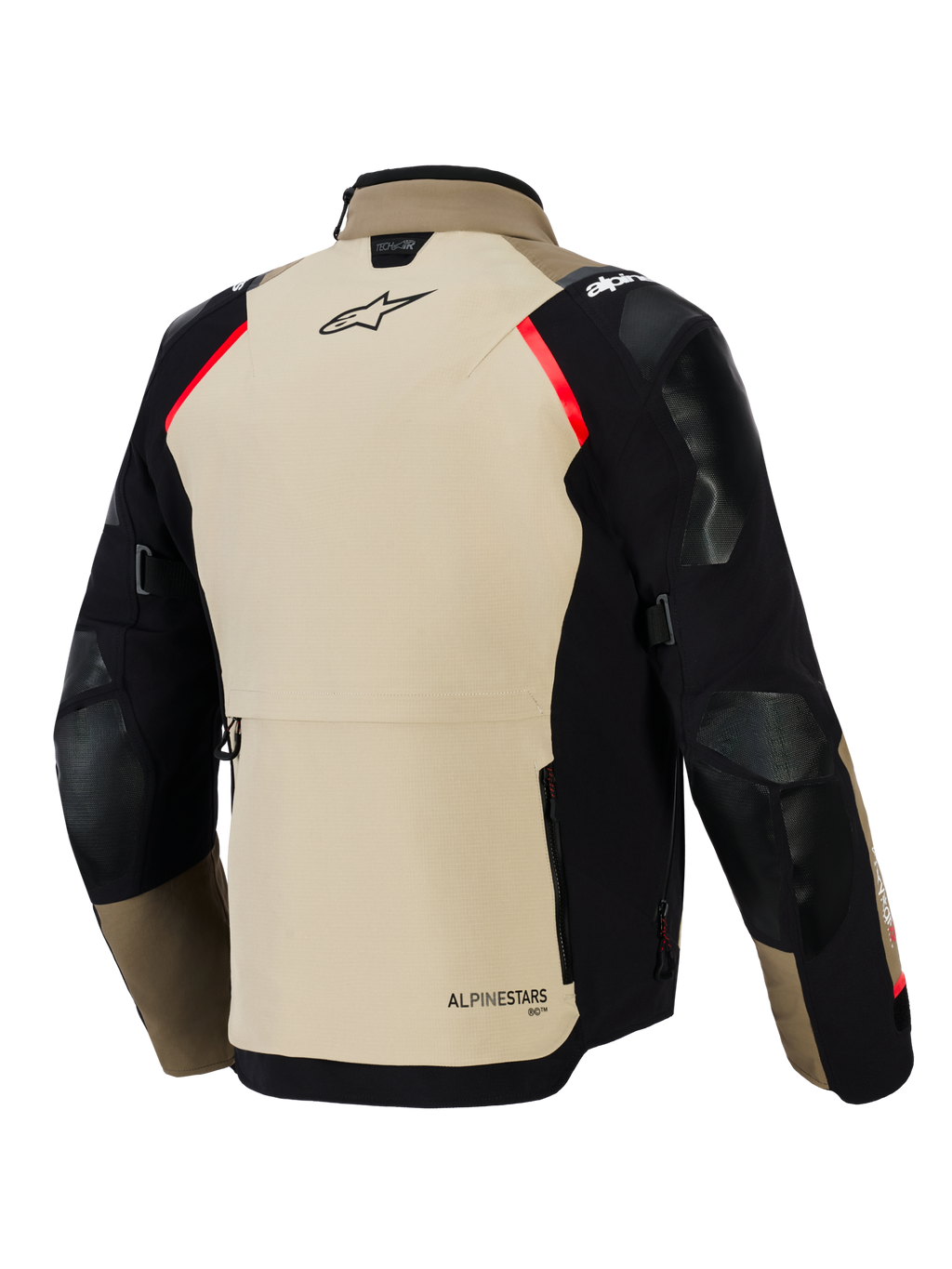 Alpinestars Andes Pro Drystar® XF jakke, set bagfra, valnød og sort med røde detaljer, har forstærkede paneler på skuldre og albuer, stor baglomme til opbevaring og Alpinestars-branding, adventure touring-motorcykeludstyr