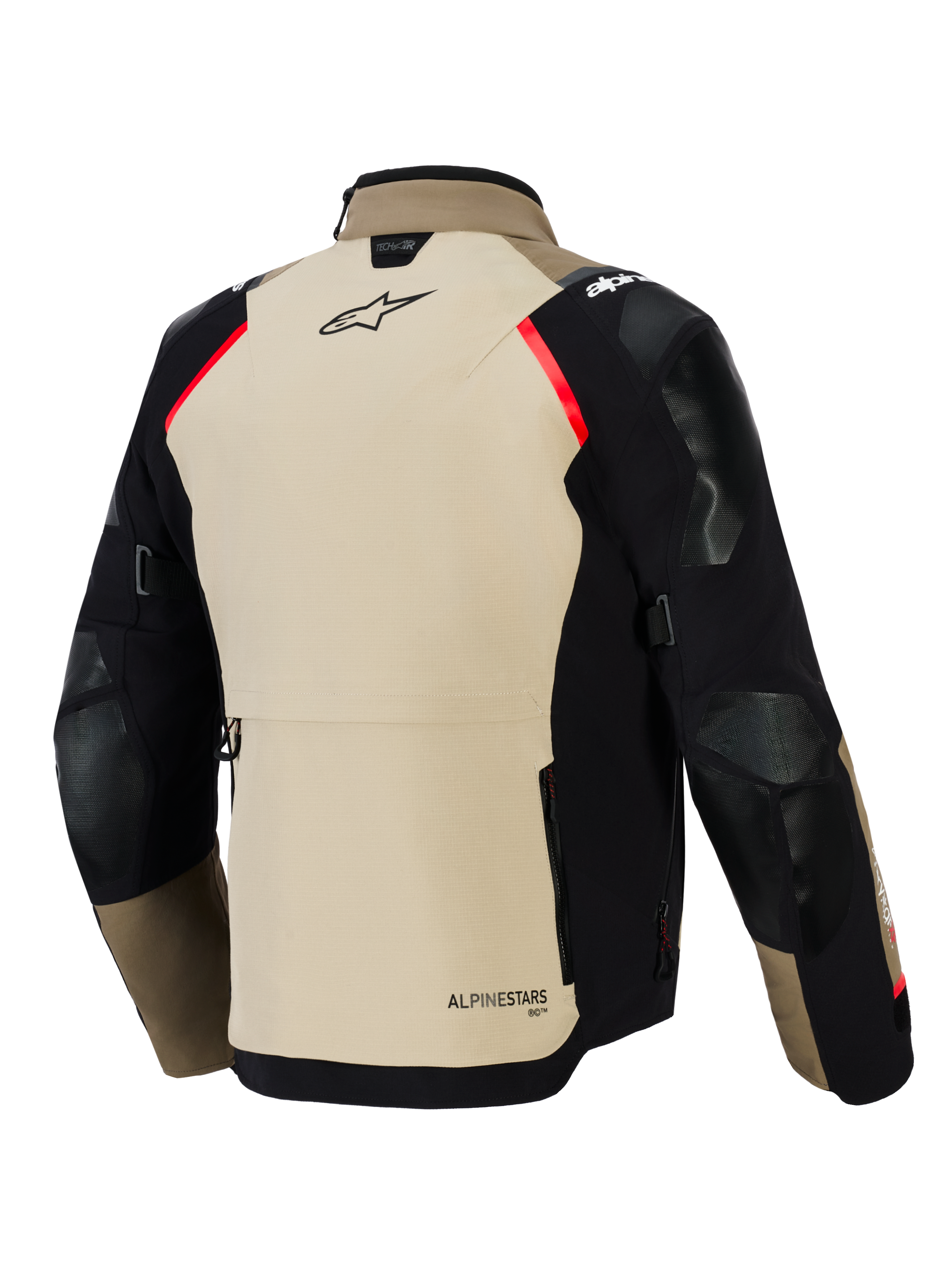 Alpinestars Andes Pro Drystar® XF jakke, set bagfra, valnød og sort med røde detaljer, har forstærkede paneler på skuldre og albuer, stor baglomme til opbevaring og Alpinestars-branding, adventure touring-motorcykeludstyr