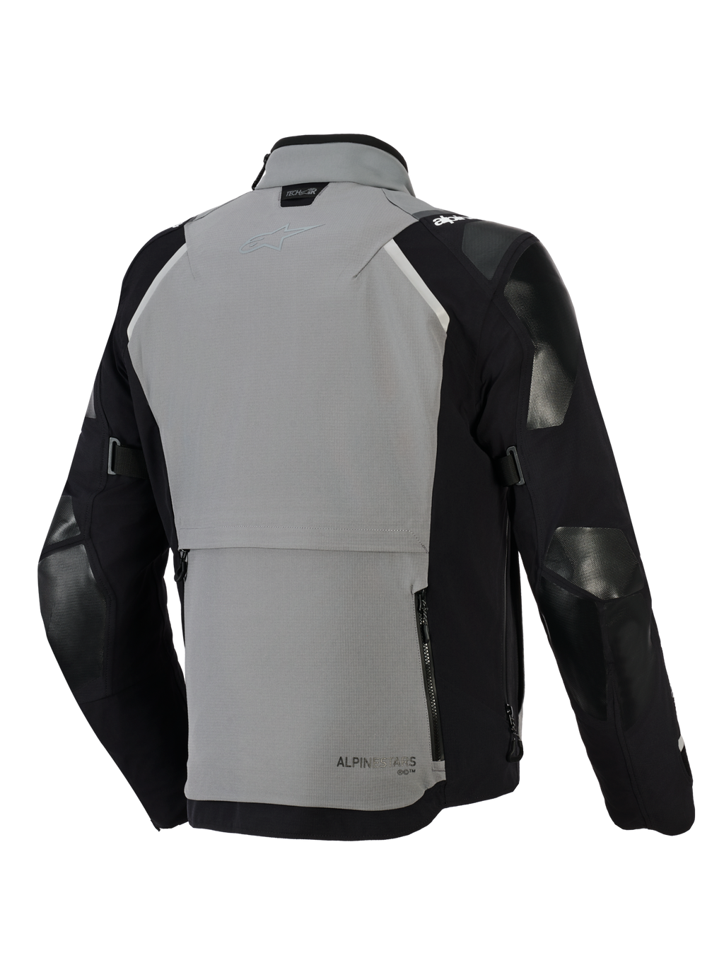 Alpinestars Andes Pro Drystar® XF jakke, adventure motorcykeljakke, mørkegrå og sort, set bagfra med et stort opbevaringsrum bagpå med lynlåse, justerbare ærmestropper og Tech-Air-branding på kraven, holdbart tekstilskal-design