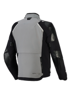 Alpinestars Andes Pro Drystar® XF jakke, adventure motorcykeljakke, mørkegrå og sort, set bagfra med et stort opbevaringsrum bagpå med lynlåse, justerbare ærmestropper og Tech-Air-branding på kraven, holdbart tekstilskal-design