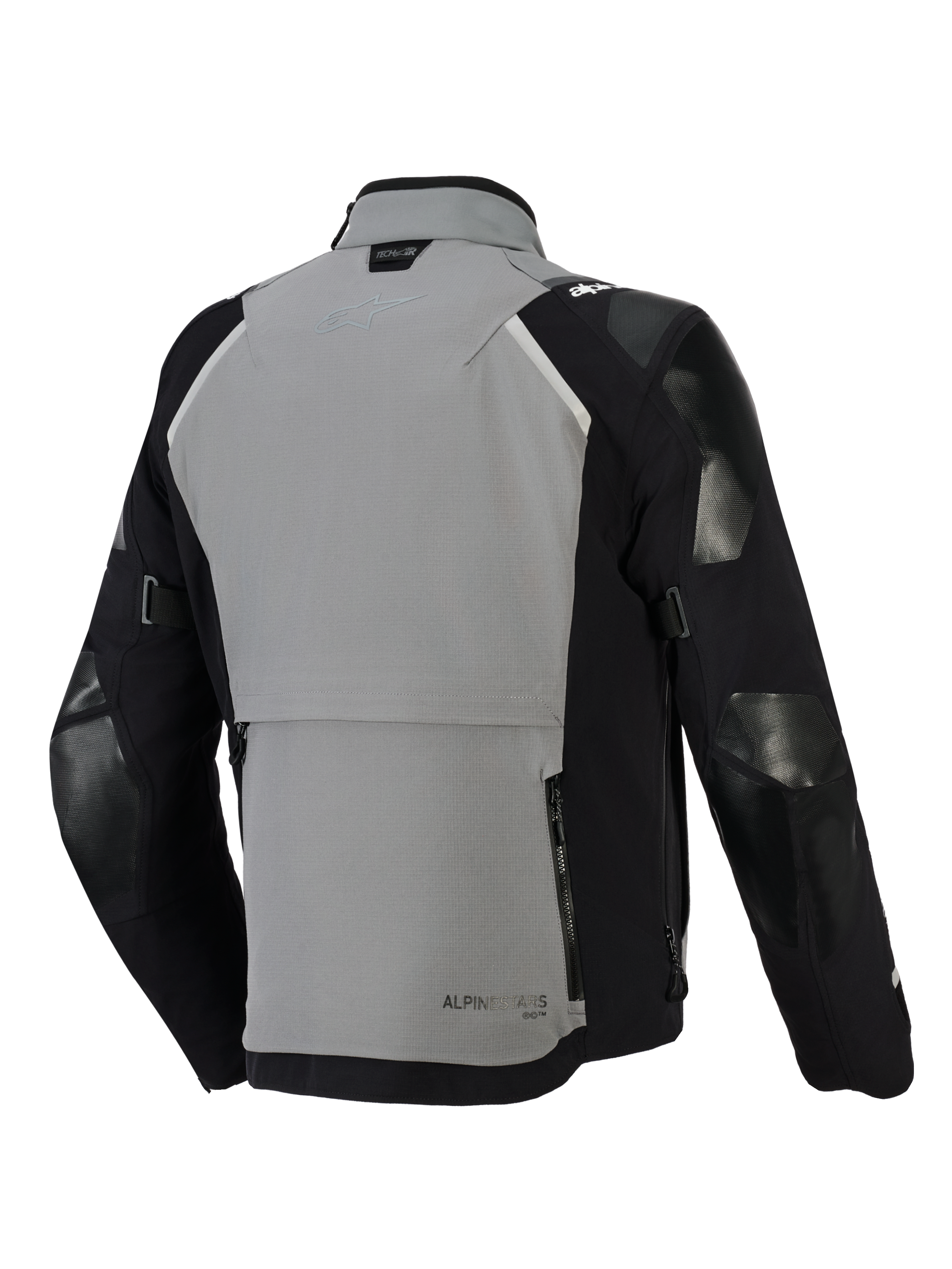 Alpinestars Andes Pro Drystar® XF jakke, adventure motorcykeljakke, mørkegrå og sort, set bagfra med et stort opbevaringsrum bagpå med lynlåse, justerbare ærmestropper og Tech-Air-branding på kraven, holdbart tekstilskal-design