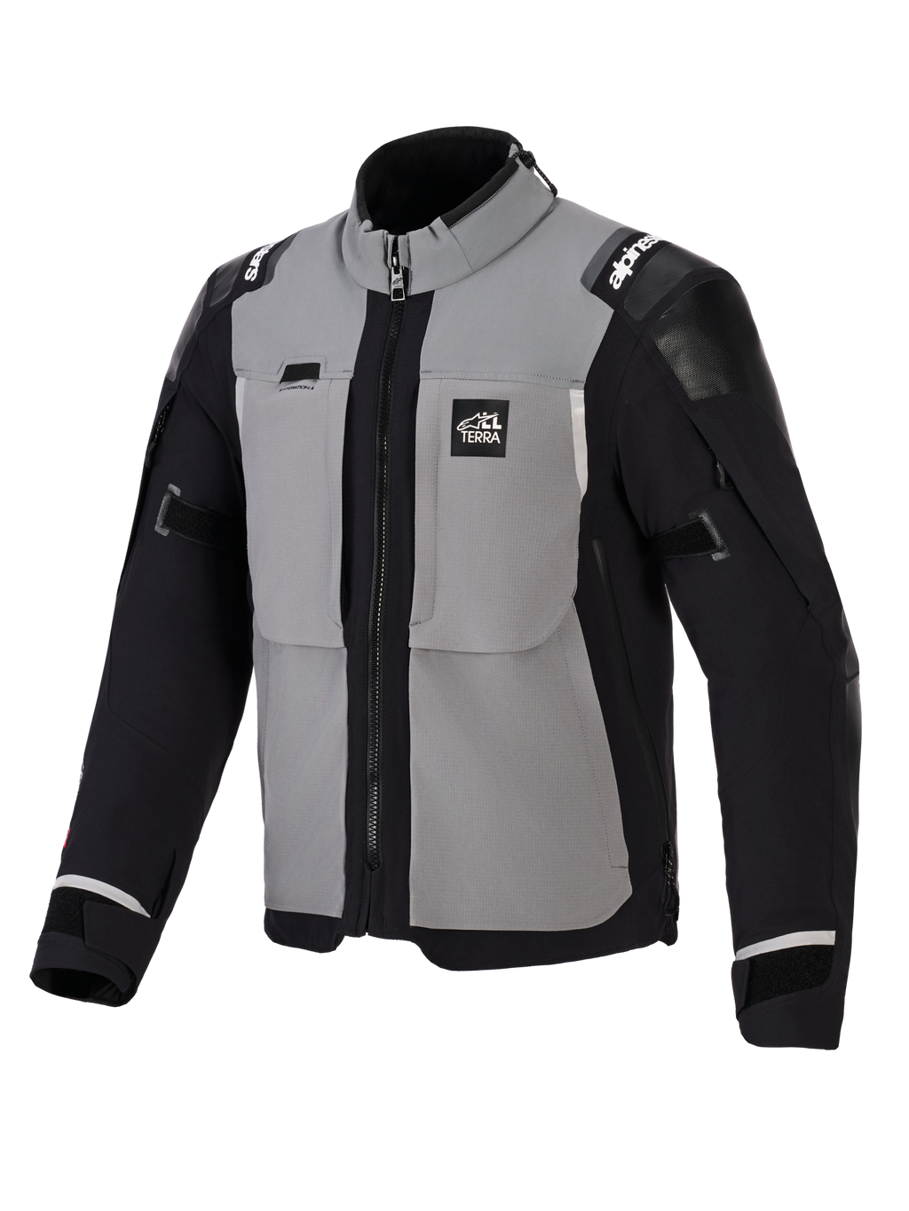 Alpinestars Andes Pro Drystar® XF jakke, adventure motorcykeljakke, mørkegrå og sort, med grå brystpaneler samt sorte ærmer og sider, 'ALL TERRA' branding på brystet, Alpinestars-logo på skuldrene, teknisk tekstilkonstruktion med ventilationslynlåse og justerbare manchetter.