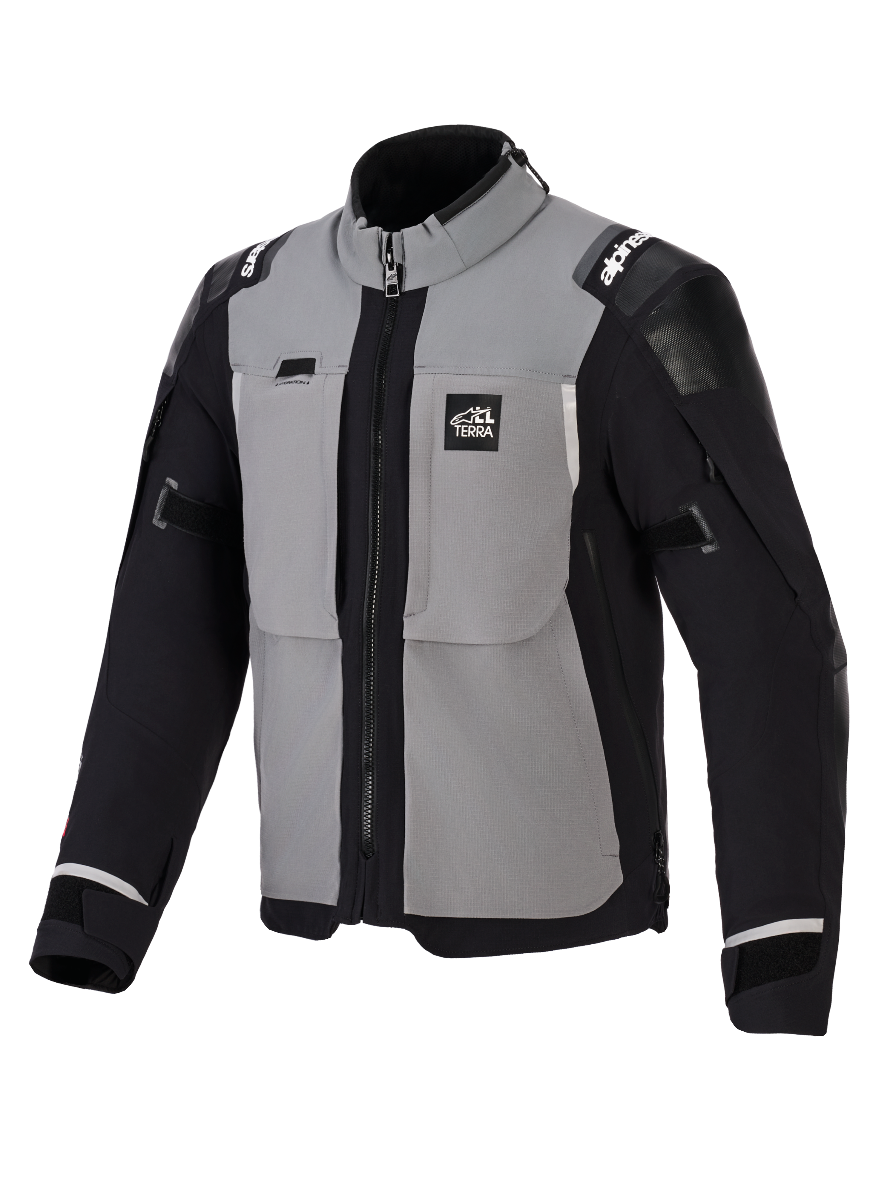 Alpinestars Andes Pro Drystar® XF jakke, adventure motorcykeljakke, mørkegrå og sort, med grå brystpaneler samt sorte ærmer og sider, 'ALL TERRA' branding på brystet, Alpinestars-logo på skuldrene, teknisk tekstilkonstruktion med ventilationslynlåse og justerbare manchetter.