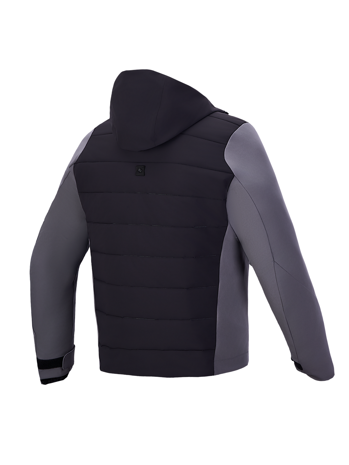 Alpinestars Therma-Tech Waterproof Jacket, sort og mørkegrå urban motorcykeljakke med integreret hætte set bagfra, vandtæt dunjakke konstruktion, CE-certificeret klasse A