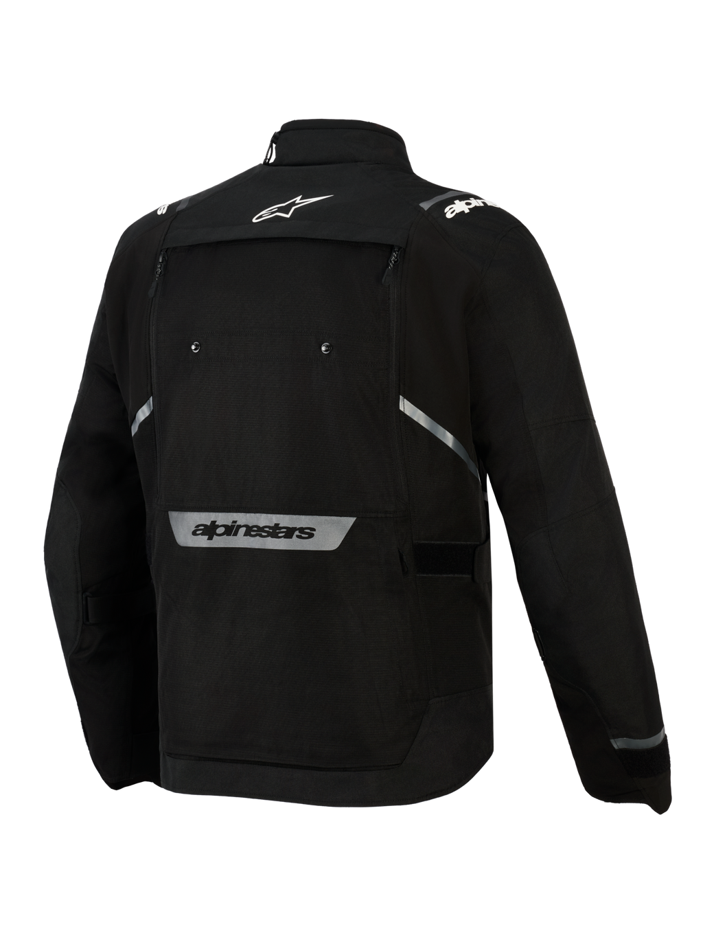 Alpinestars Cusco Drystar®-jakke, sort, set bagfra, med hvidt stjernelogo øverst på ryggen, reflekterende Alpinestars-navnetræk nederst på ryggen, stort ventilationspanel med lynlås og holdbar tekstilkonstruktion til adventure touring