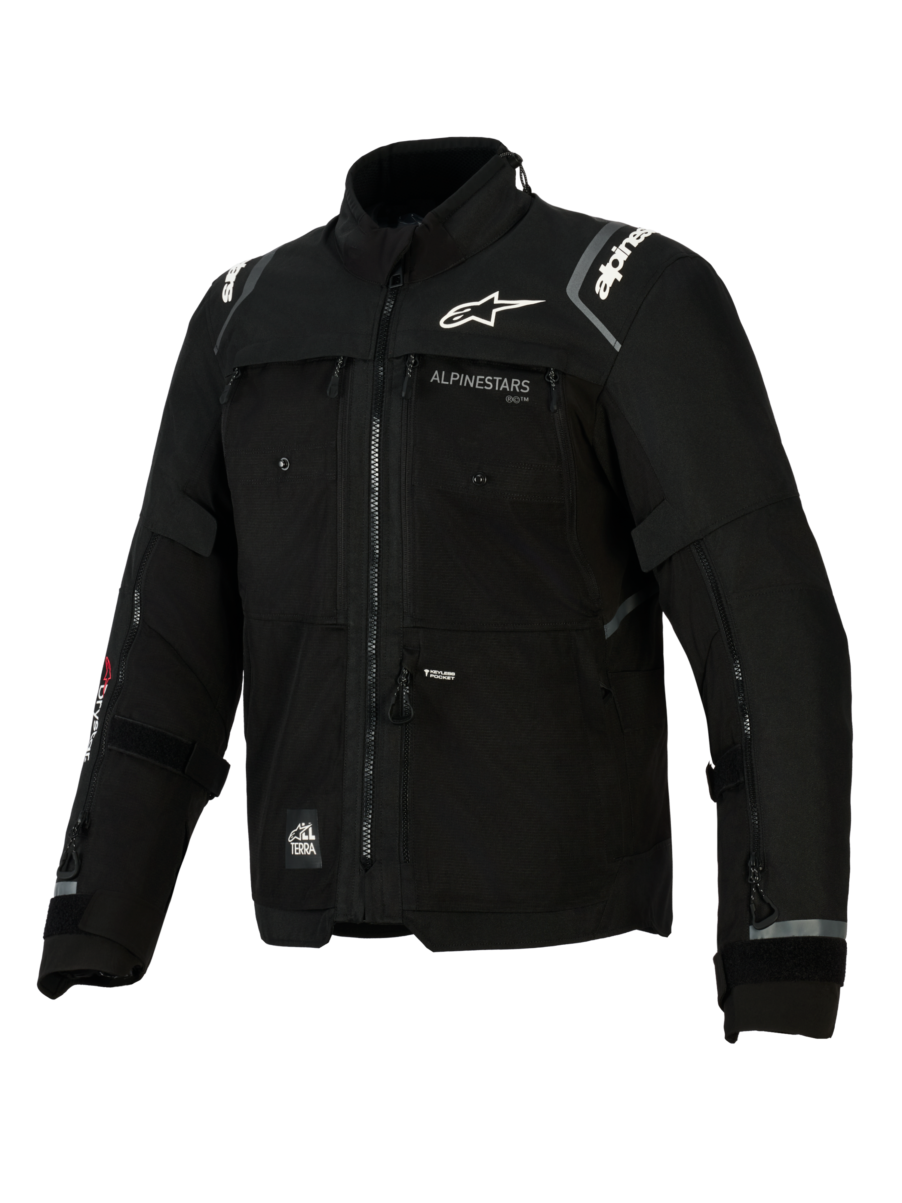 Alpinestars Cusco Drystar®-jakke, sort motorcykeljakke til adventure touring, teknisk tekstilkonstruktion med flere ventilationslynlåse, hvidt Alpinestars-logo på bryst og skuldre, All Terra-branding og refleksdetaljer