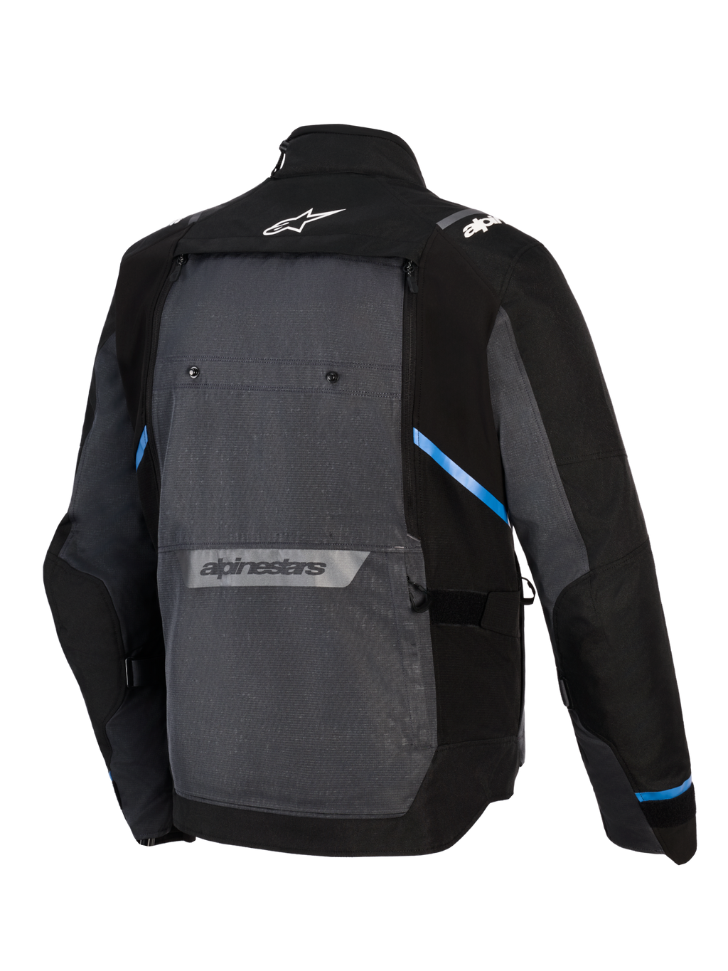 Alpinestars Cusco Drystar® jakke, adventure touring motorcykeljakke, sort og mørkegrå, set bagfra med stort gråt rygpanel, blå detaljer, Alpinestars-logoer på øvre og nedre ryg og slidstærk ripstop-tekstilkonstruktion