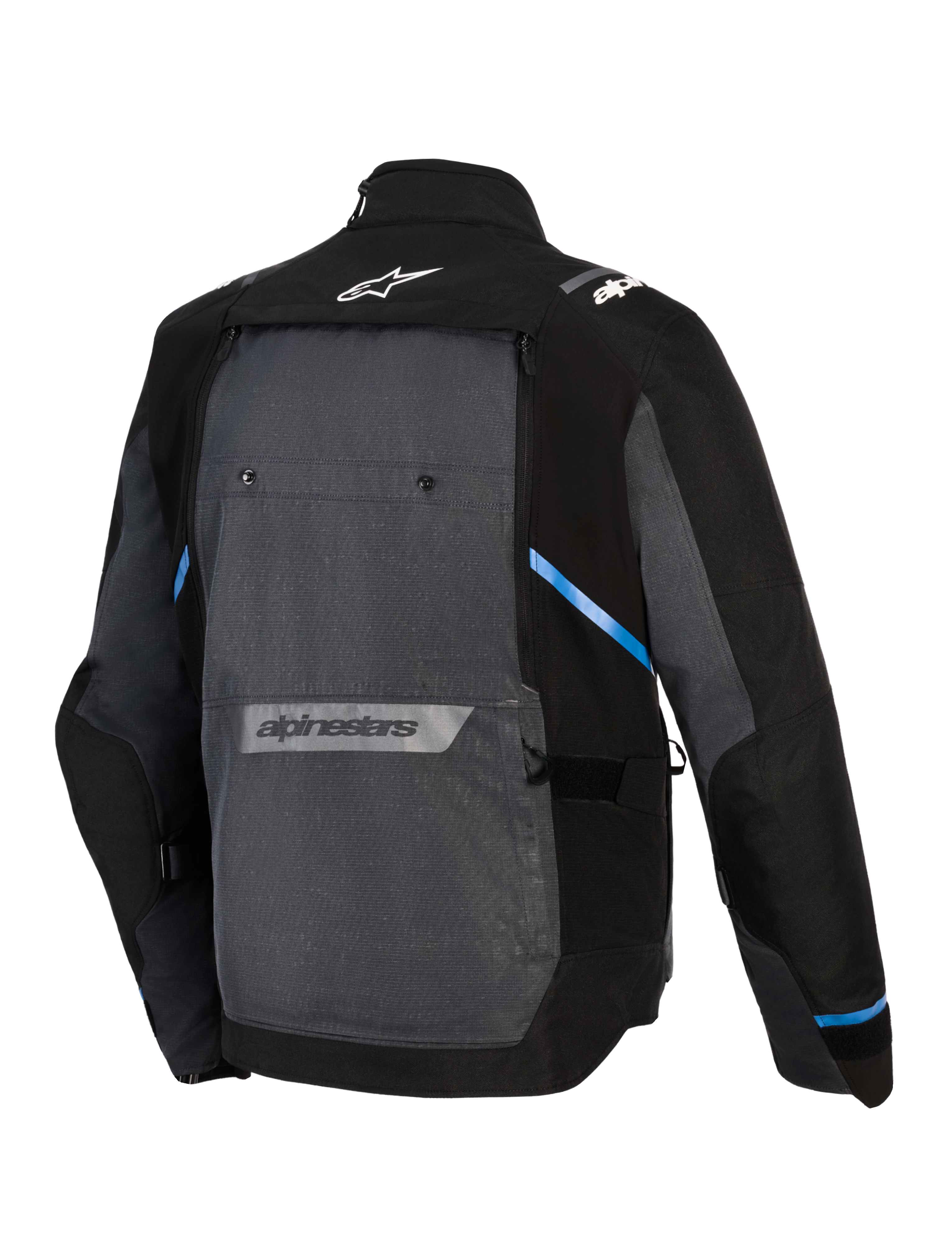 Alpinestars Cusco Drystar® jakke, adventure touring motorcykeljakke, sort og mørkegrå, set bagfra med stort gråt rygpanel, blå detaljer, Alpinestars-logoer på øvre og nedre ryg og slidstærk ripstop-tekstilkonstruktion