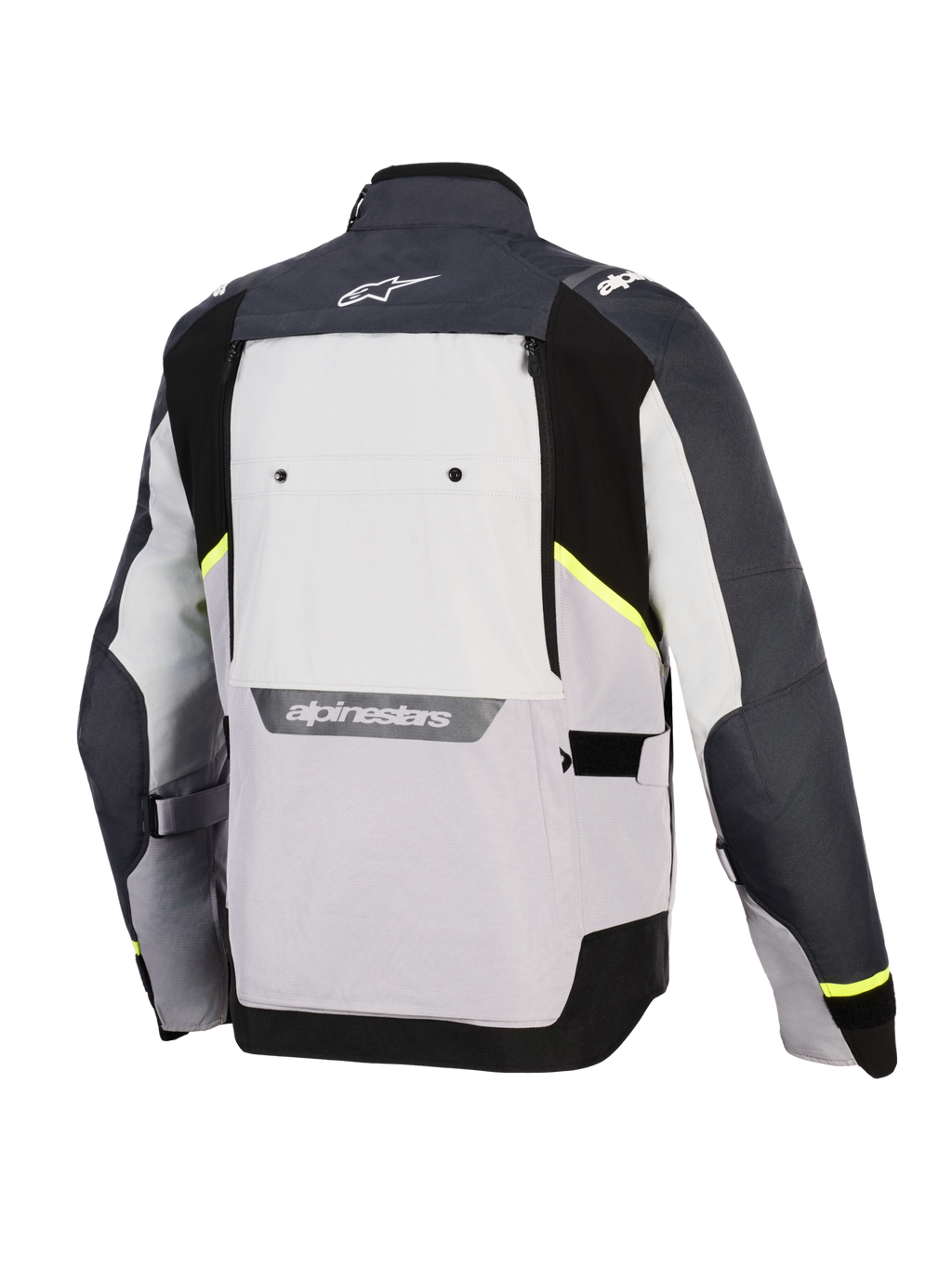 Alpinestars Cusco Drystar® jakke, motorcykeljakke, Ice Gray, Mid Gray og Deep Gray, set bagfra med flerfarvede tekstilpaneler, neongule accenter, stort ventilationspanel bagpå og hvid Alpinestars-branding på kraven og nederst på ryggen