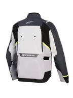 Alpinestars Cusco Drystar® jakke, motorcykeljakke, Ice Gray, Mid Gray og Deep Gray, set bagfra med flerfarvede tekstilpaneler, neongule accenter, stort ventilationspanel bagpå og hvid Alpinestars-branding på kraven og nederst på ryggen