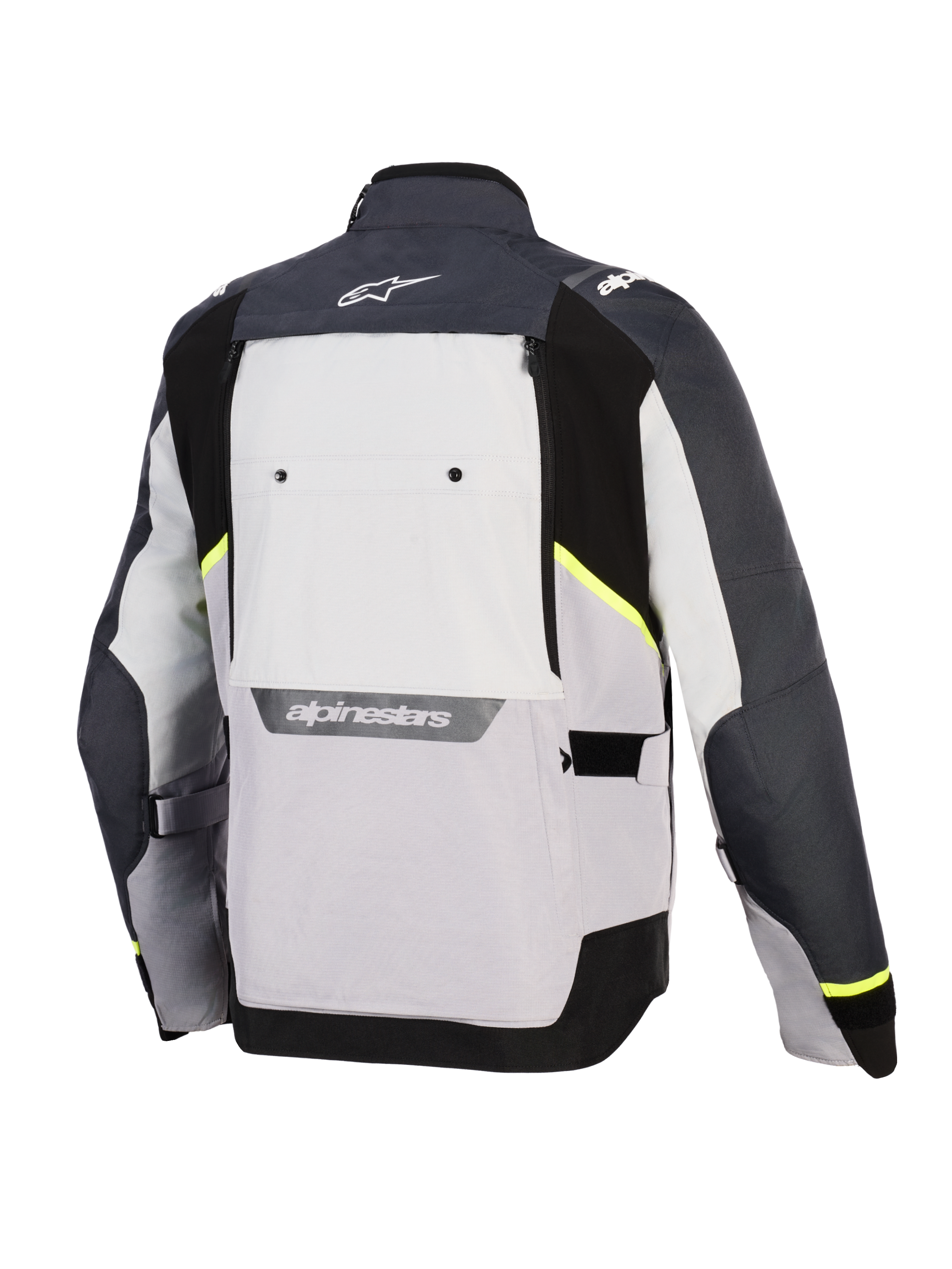 Alpinestars Cusco Drystar® jakke, motorcykeljakke, Ice Gray, Mid Gray og Deep Gray, set bagfra med flerfarvede tekstilpaneler, neongule accenter, stort ventilationspanel bagpå og hvid Alpinestars-branding på kraven og nederst på ryggen