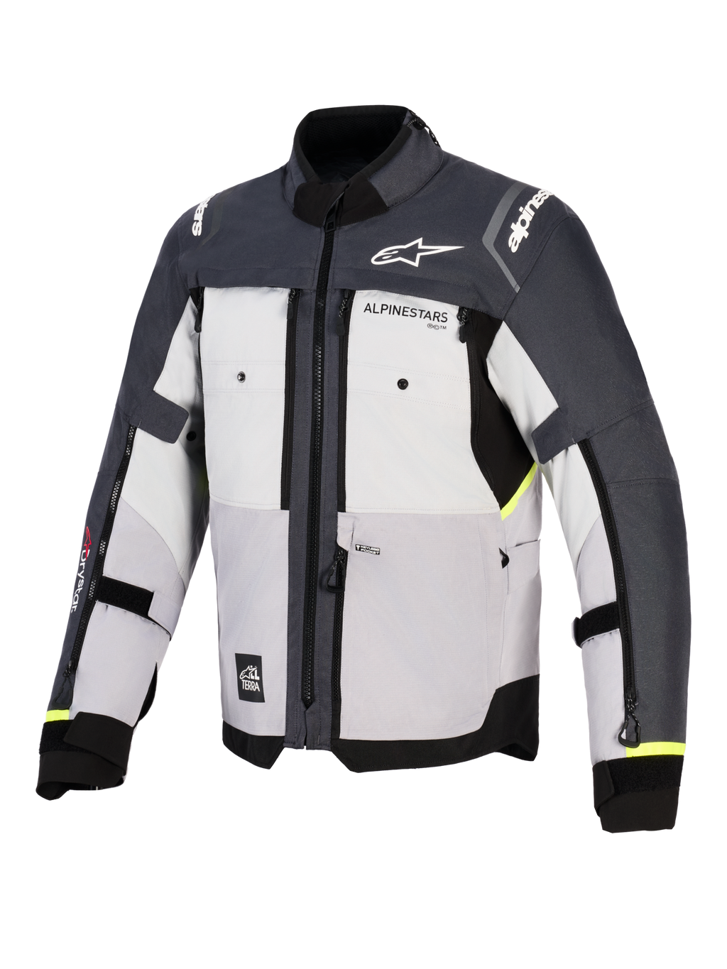 Alpinestars Cusco Drystar® jakke, adventure-motorcykeljakke, Ice Gray, Mid Gray og Deep Gray, set forfra med tekstilkonstruktion i flere paneler, brystventilation med lynlås og Alpinestars-branding på bryst og skuldre