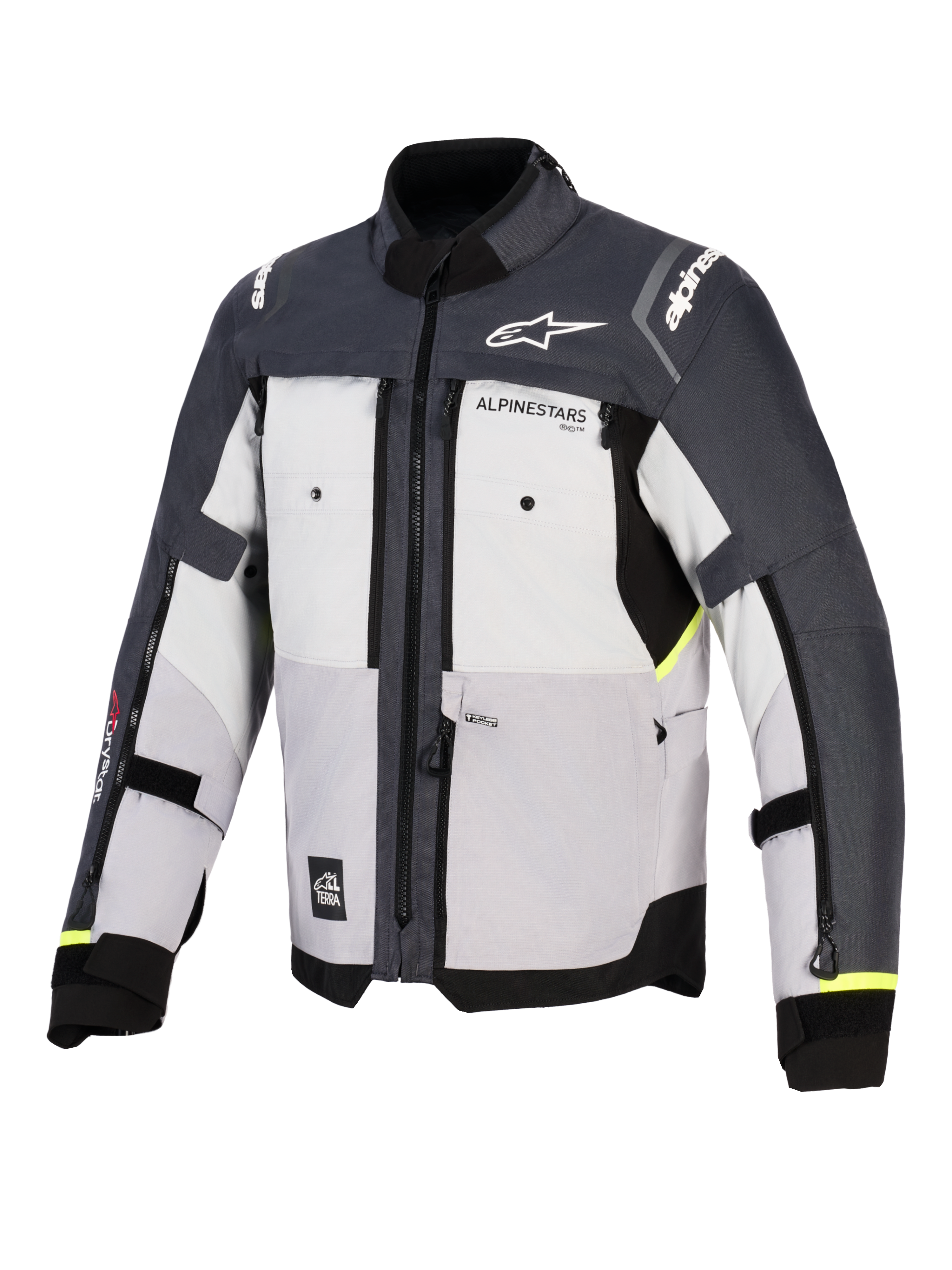 Alpinestars Cusco Drystar® jakke, adventure-motorcykeljakke, Ice Gray, Mid Gray og Deep Gray, set forfra med tekstilkonstruktion i flere paneler, brystventilation med lynlås og Alpinestars-branding på bryst og skuldre