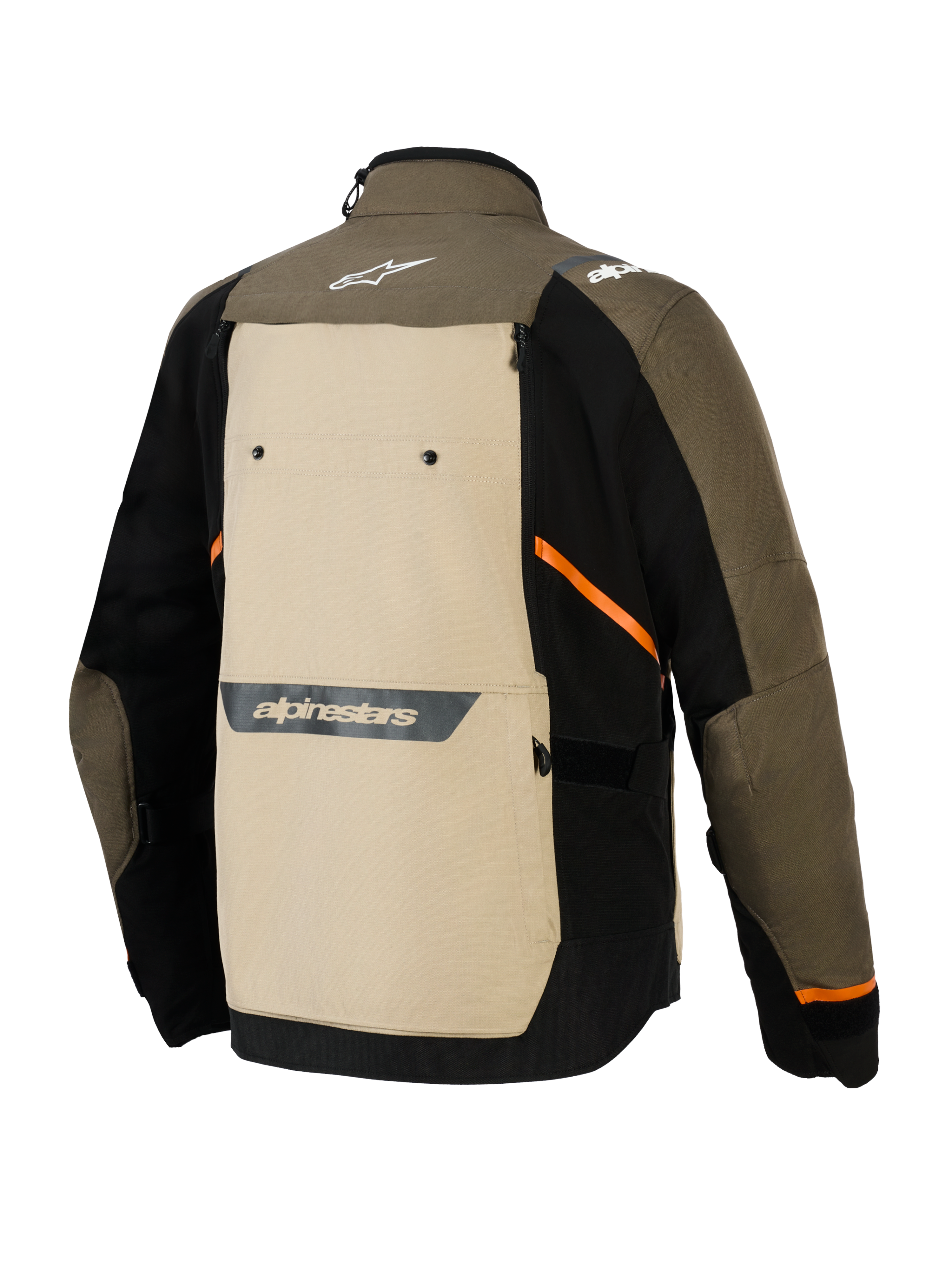 Alpinestars Cusco Drystar® jakke, set bagfra, Walnut Aluminum Black, tekstil adventure-motorcykeljakke med et stort beige rygpanel, orange diagonale detaljer og reflekterende logoer på en brun og sort yderskal.