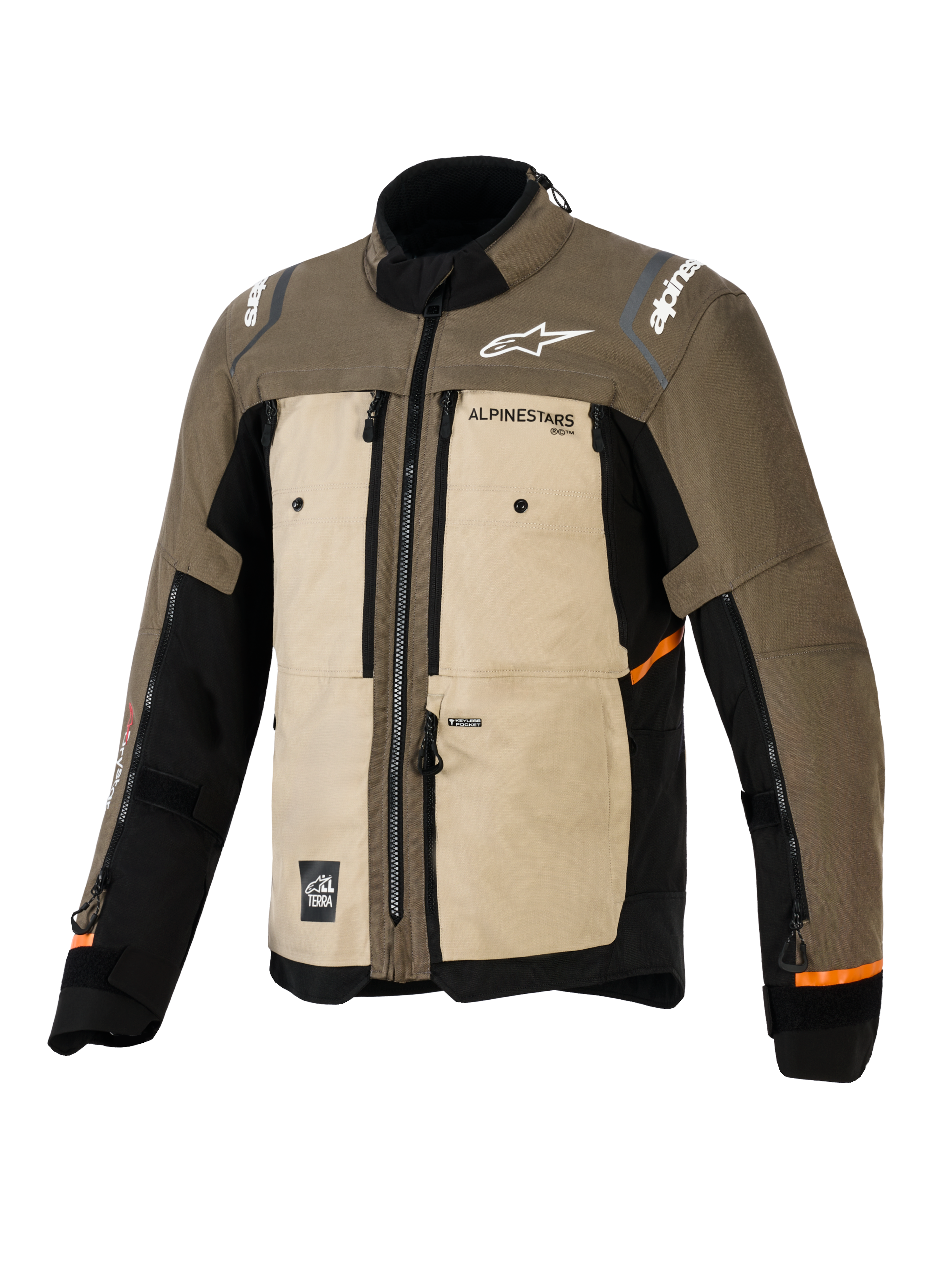 Alpinestars Cusco Drystar® jakke, Walnut Aluminum Black, adventure touring-motorcykeljakke, set fra siden forfra, tekstilkonstruktion med beige og brune paneler, ventilationsåbninger med lynlås, hvide Alpinestars-logoer og orange detaljer på ærmerne