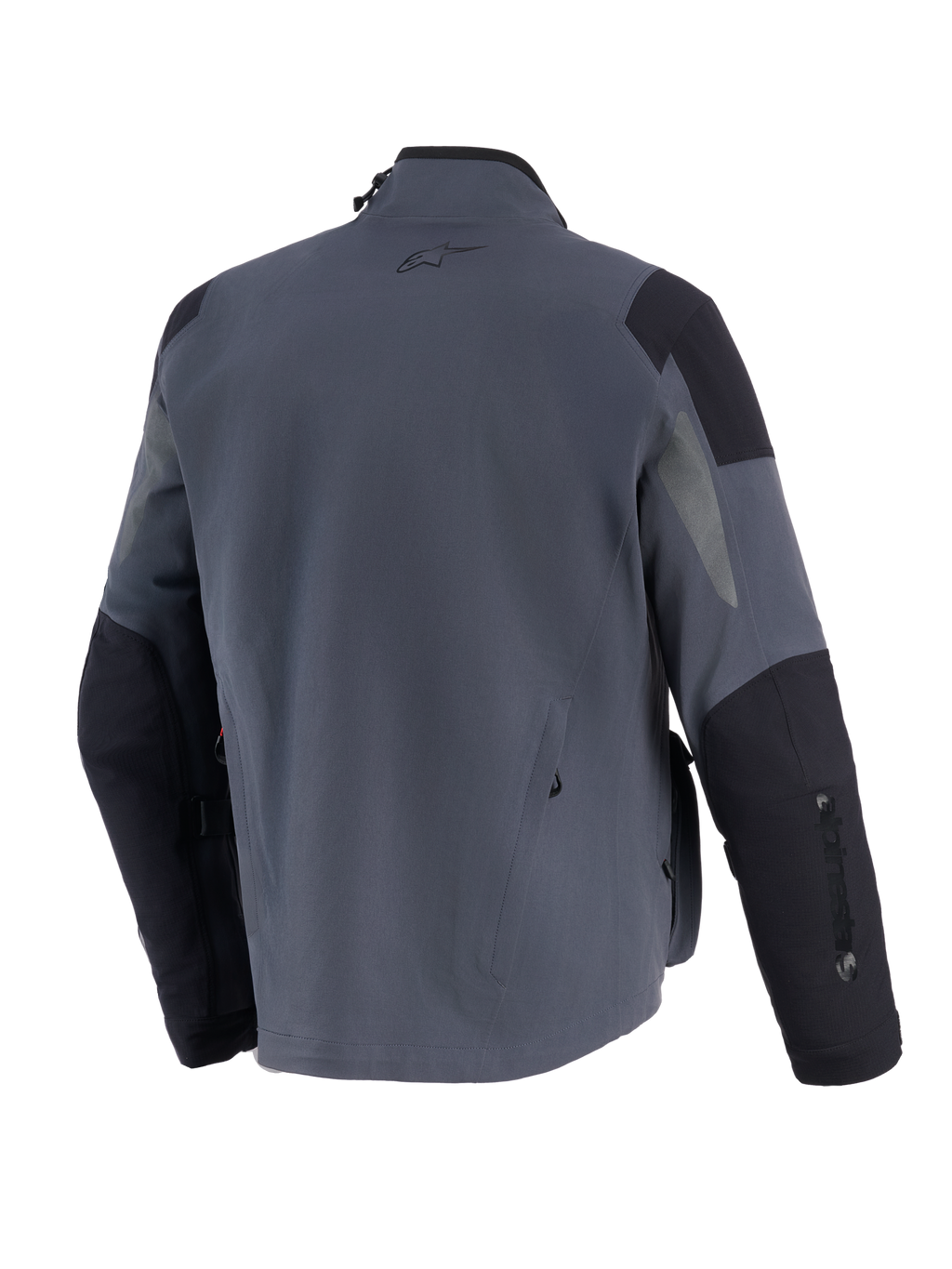 Alpinestars Maxdura Drystar®XF Laminated Armored Shell, teknisk adventure-motorcykeljakke, mørkegrå og sort, set bagfra med forstærkede skulder- og albuepaneler, lille A-star logo på øvre ryg og lodret branding på ærmet.