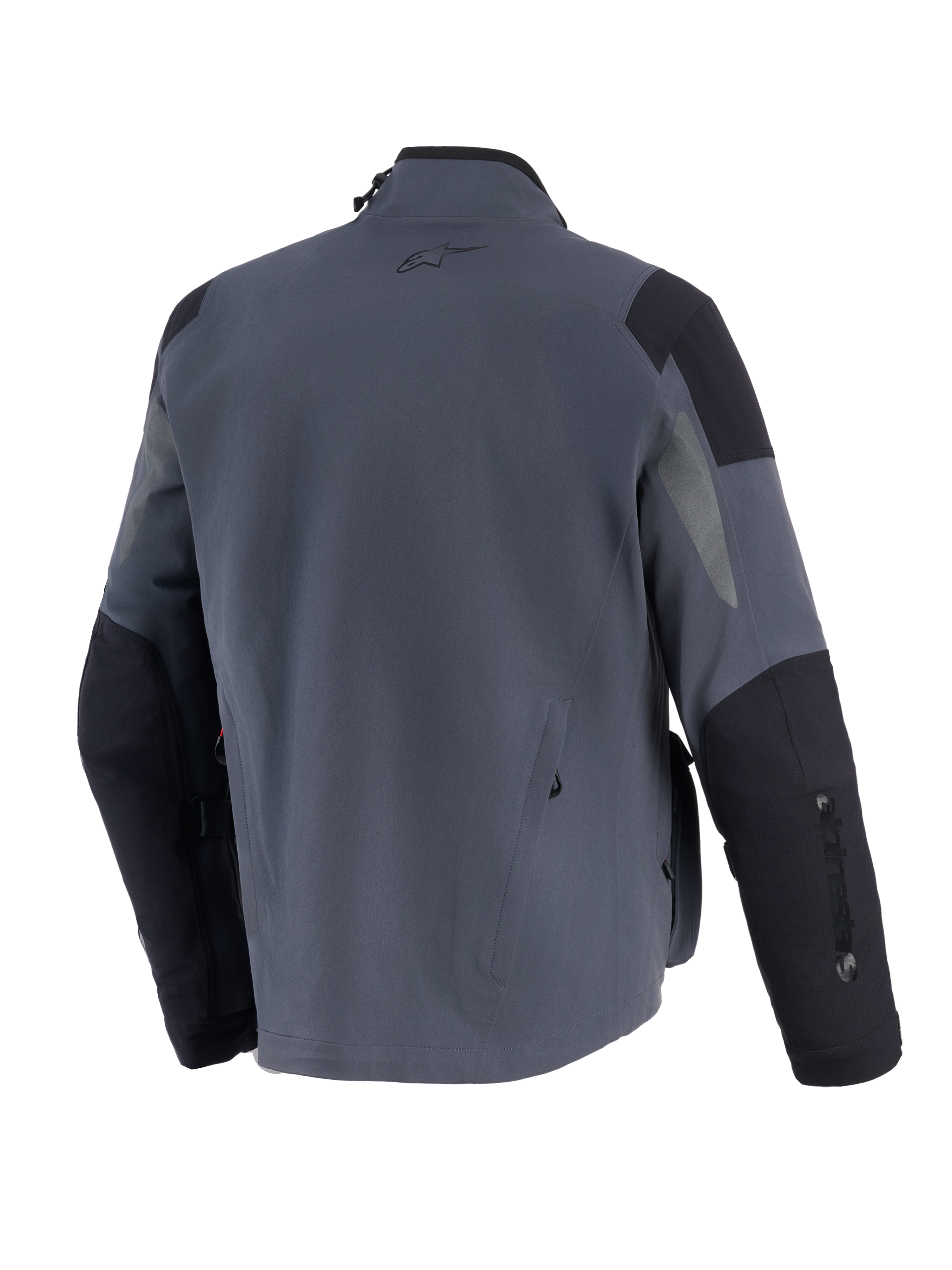 Alpinestars Maxdura Drystar®XF Laminated Armored Shell, teknisk adventure-motorcykeljakke, mørkegrå og sort, set bagfra med forstærkede skulder- og albuepaneler, lille A-star logo på øvre ryg og lodret branding på ærmet.