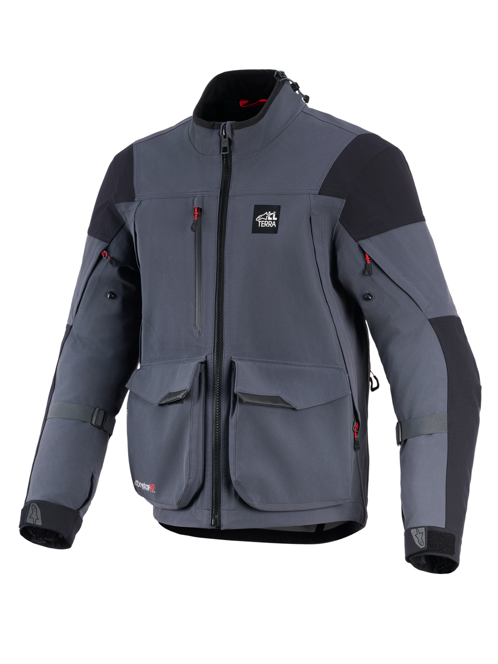Alpinestars Maxdura Drystar®XF Laminated Armored Shell, motorcykeljakke, mørkegrå og sort, set forfra med store cargolommer, røde lynlåsdetaljer, 'ALL TERRA'-logo på brystet og justerbare remme på ærmerne, teknisk adventure-touringudstyr