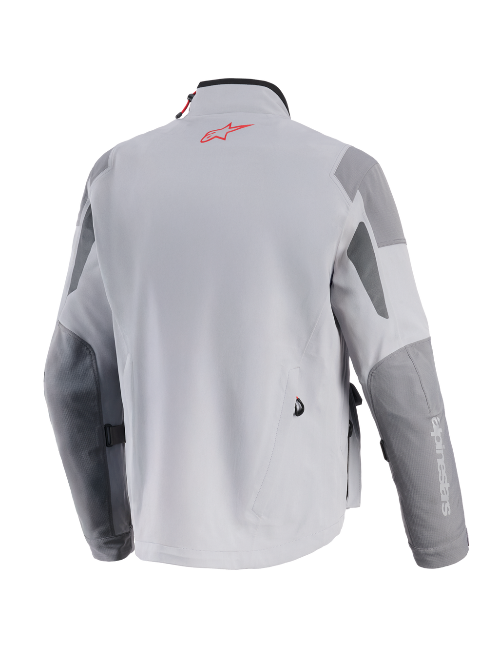 Alpinestars Maxdura Drystar®XF lamineret pansret skal, adventure motorcykeljakke, mellemgrå og mørkegrå, set bagfra med et rødt Alpinestars-logo på nakken, forstærkede mørkegrå paneler på albuer og skuldre, professionel tekstilkonstruktion
