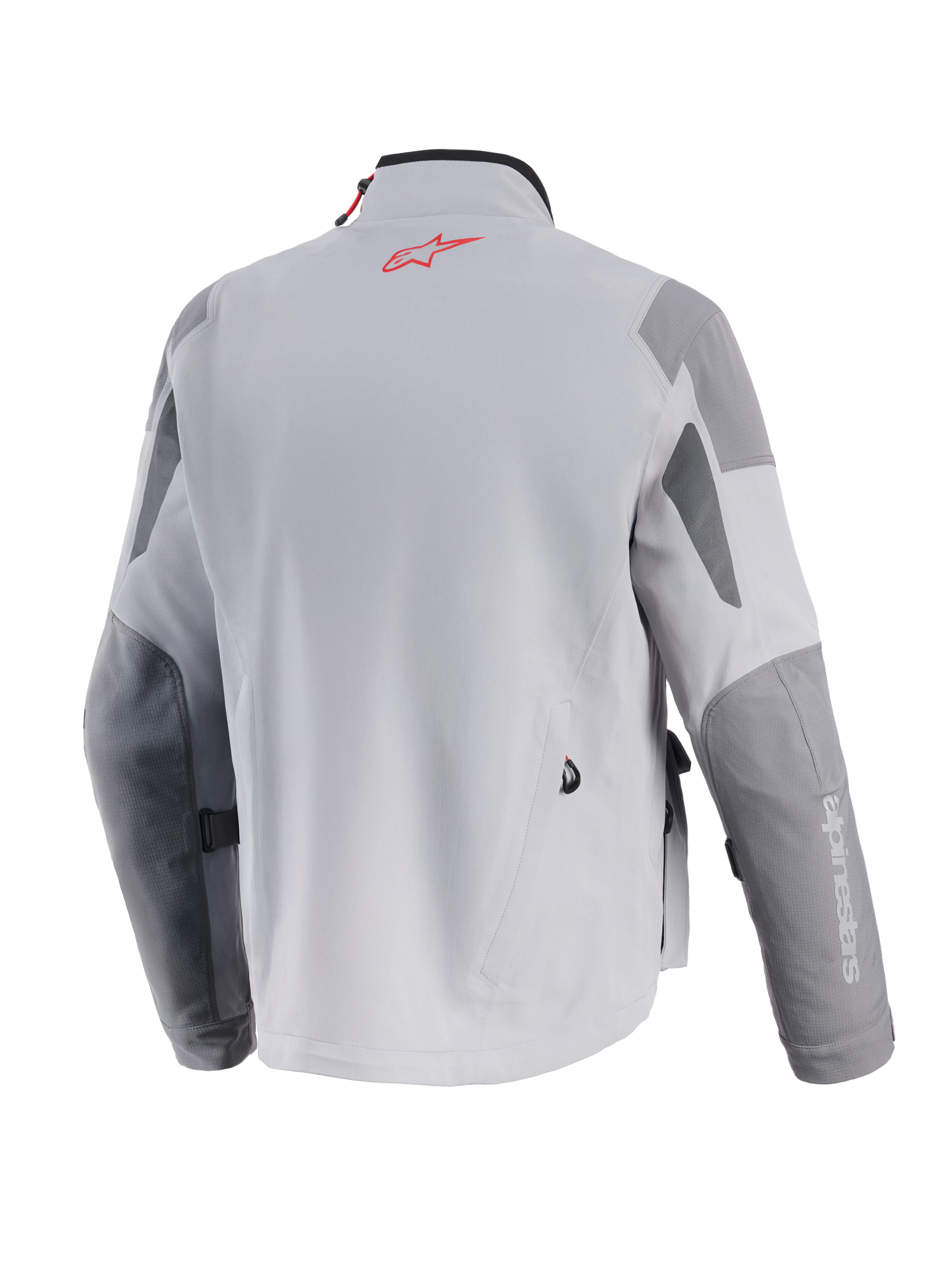 Alpinestars Maxdura Drystar®XF lamineret pansret skal, adventure motorcykeljakke, mellemgrå og mørkegrå, set bagfra med et rødt Alpinestars-logo på nakken, forstærkede mørkegrå paneler på albuer og skuldre, professionel tekstilkonstruktion