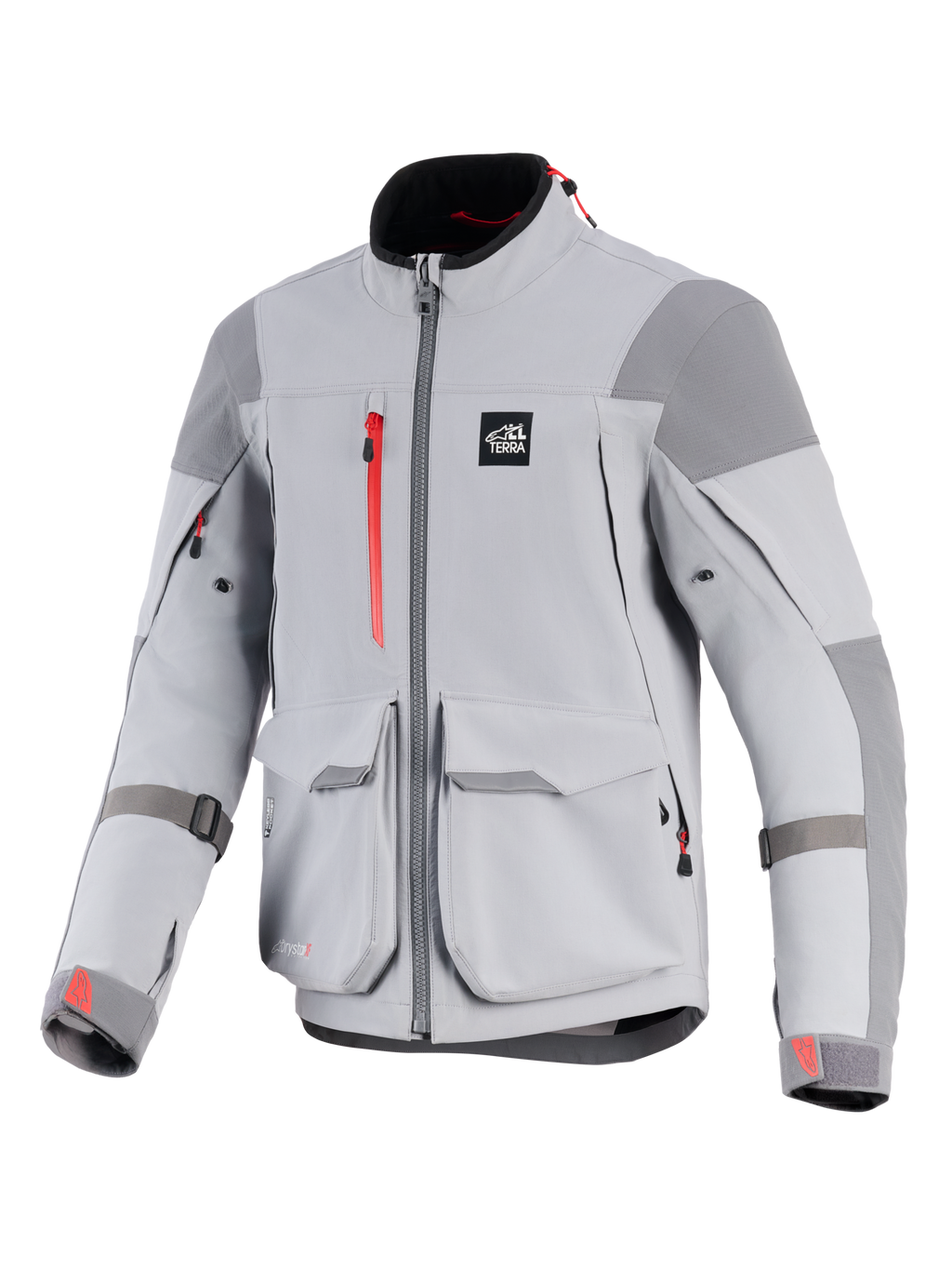 Alpinestars Maxdura Drystar®XF Laminated Armored Shell, motorcykeljakke, mellemgrå og mørkegrå, med røde lynlåsdetaljer og logoer på manchetterne, store cargo-lommer foran, forstærkede skulder- og albuepaneler, teknisk adventure-gear design med 'ALL TERRA'-logo på brystet