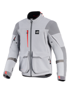 Alpinestars Maxdura Drystar®XF Laminated Armored Shell, motorcykeljakke, mellemgrå og mørkegrå, med røde lynlåsdetaljer og logoer på manchetterne, store cargo-lommer foran, forstærkede skulder- og albuepaneler, teknisk adventure-gear design med 'ALL TERRA'-logo på brystet