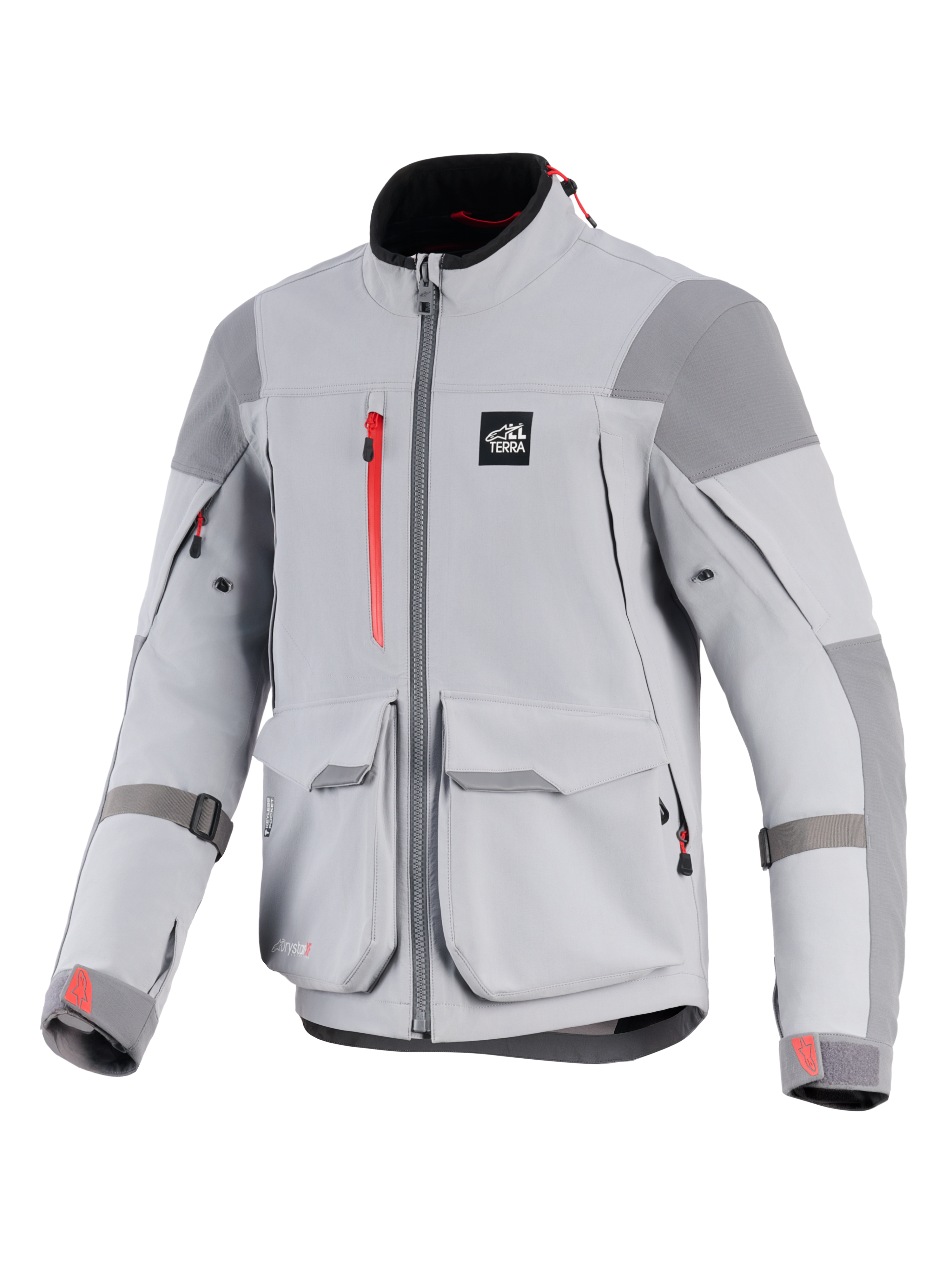 Alpinestars Maxdura Drystar®XF Laminated Armored Shell, motorcykeljakke, mellemgrå og mørkegrå, med røde lynlåsdetaljer og logoer på manchetterne, store cargo-lommer foran, forstærkede skulder- og albuepaneler, teknisk adventure-gear design med 'ALL TERRA'-logo på brystet