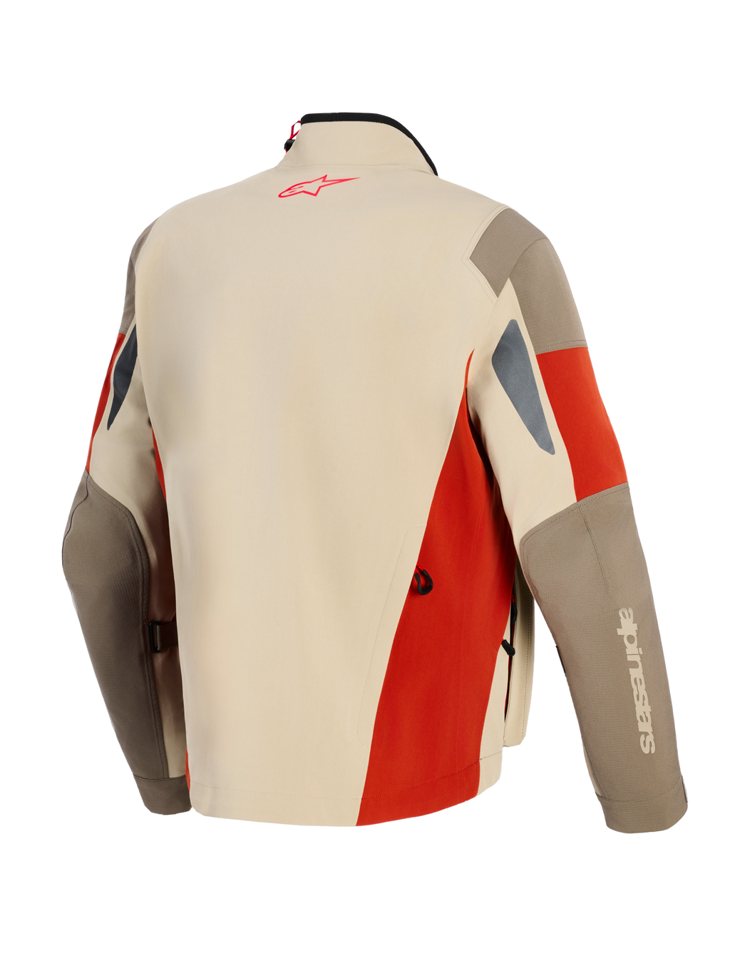 Alpinestars Maxdura Drystar®XF lamineret pansret skal, adventure motorcykeljakke, Aluminum Walnut og Rust Brown, set bagfra med rødt logo i nakken, teknisk multipanel-design med ventilationsåbninger og slidstærk tekstilkonstruktion.