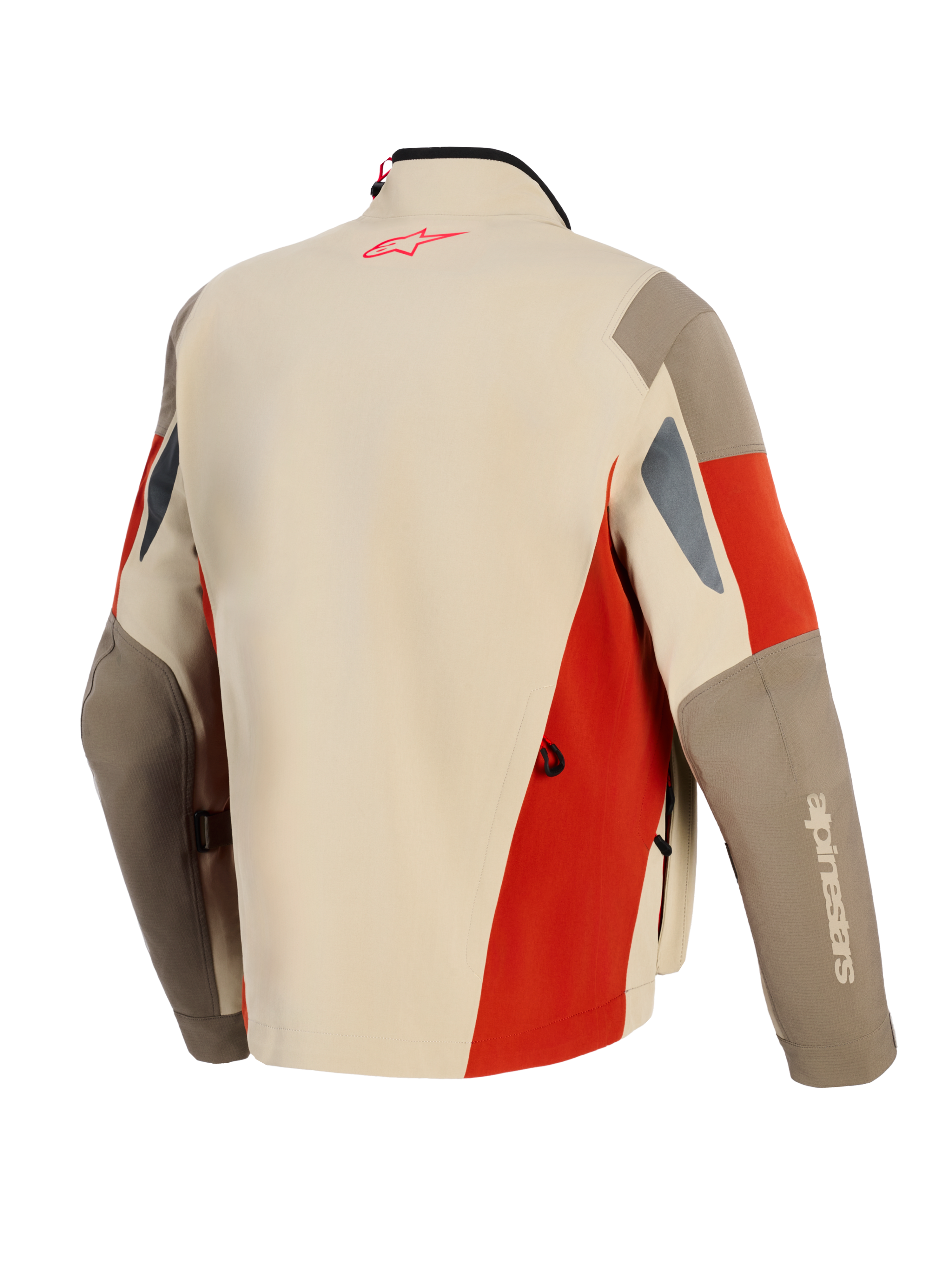 Alpinestars Maxdura Drystar®XF lamineret pansret skal, adventure motorcykeljakke, Aluminum Walnut og Rust Brown, set bagfra med rødt logo i nakken, teknisk multipanel-design med ventilationsåbninger og slidstærk tekstilkonstruktion.